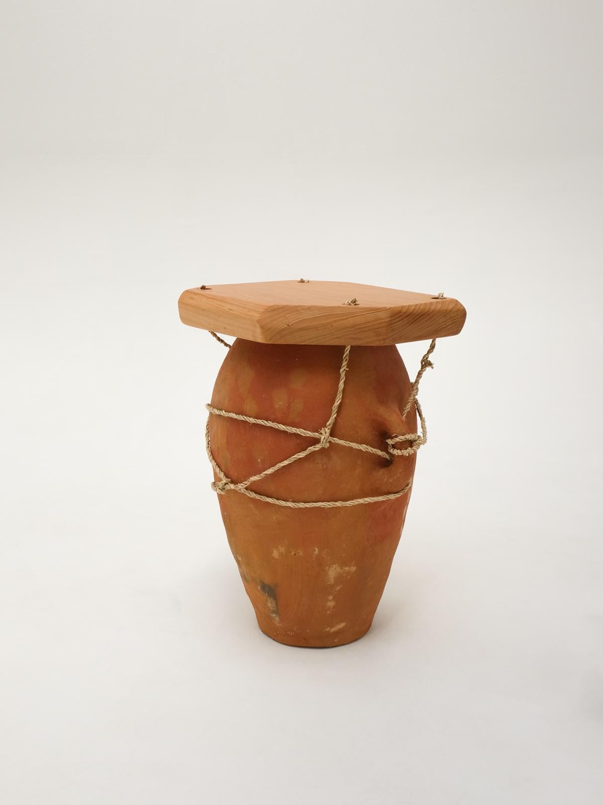 Fired Brown contemporary Bedside Table Made of Clay, Palm Rope and Wood, Handcrafted For Sale