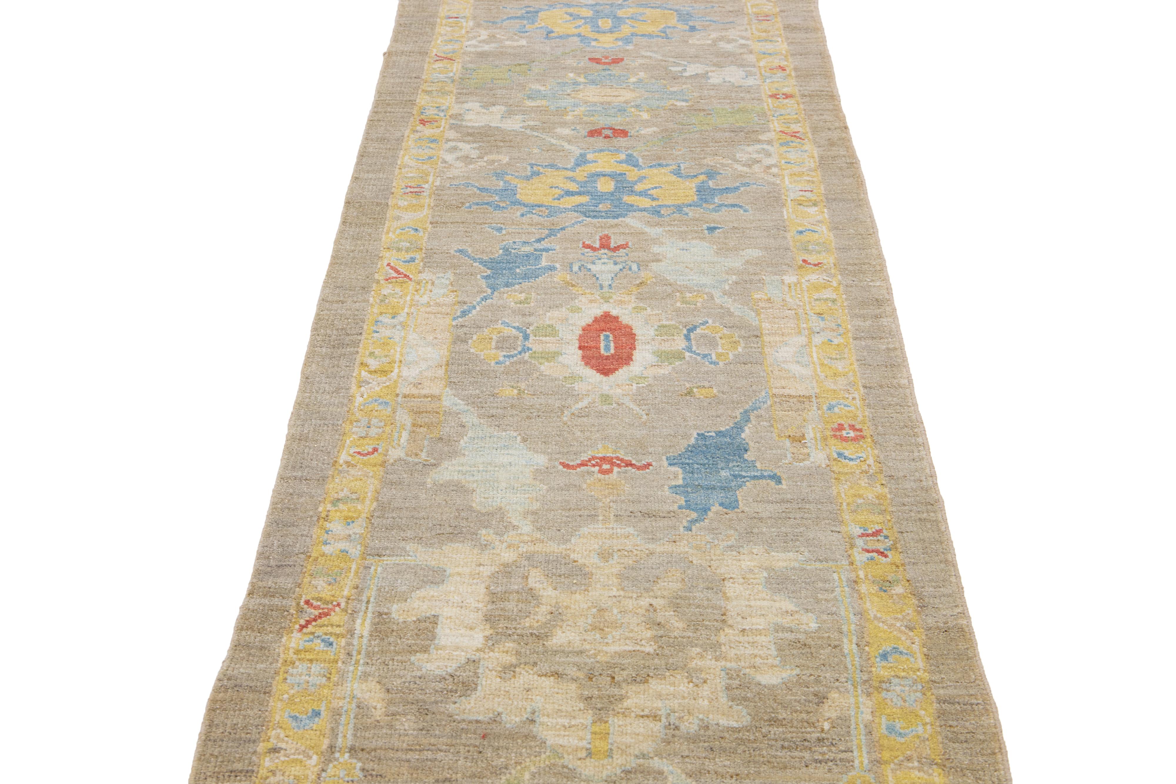Islamic Brown Contemporary Mahal Handmade Floral Wool Runner  For Sale