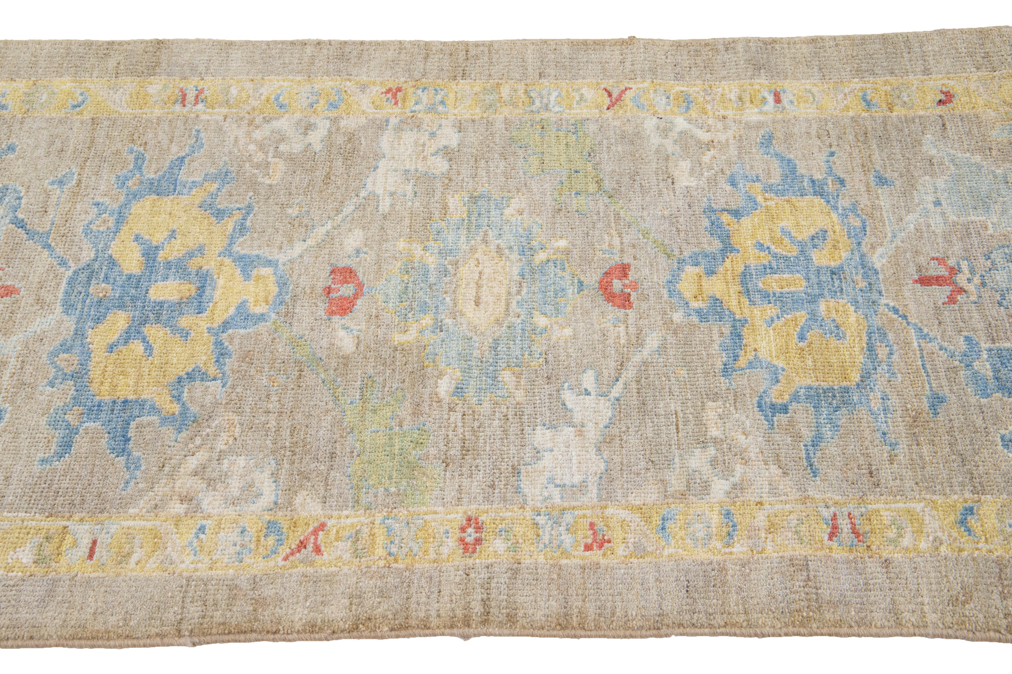 Hand-Knotted Brown Contemporary Mahal Handmade Floral Wool Runner  For Sale