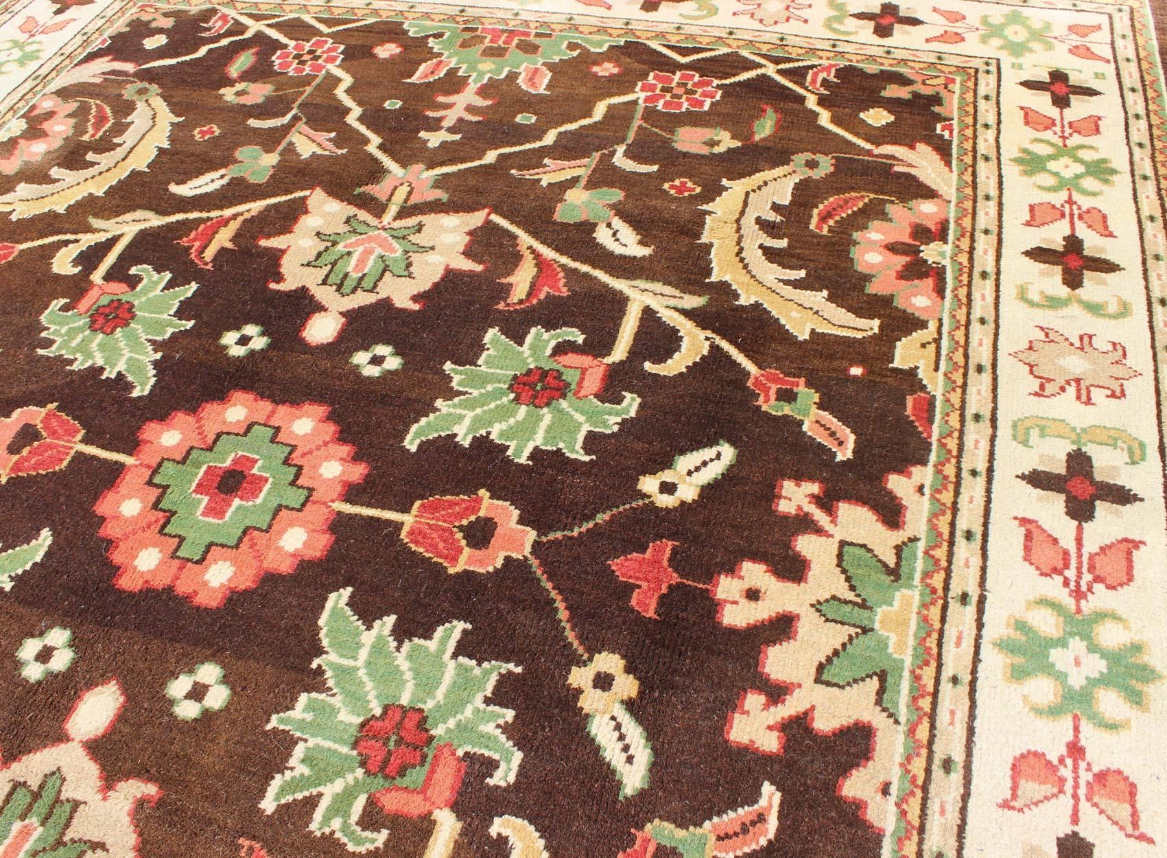 Brown, Green, Coral, and Mint Indian Mahal Design Rug with Vining Flower Design 1