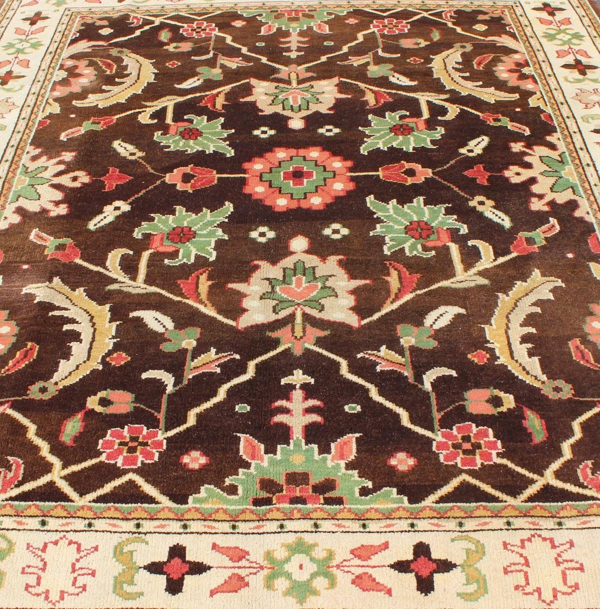 Brown, Green, Coral, and Mint Indian Mahal Design Rug with Vining Flower Design 2