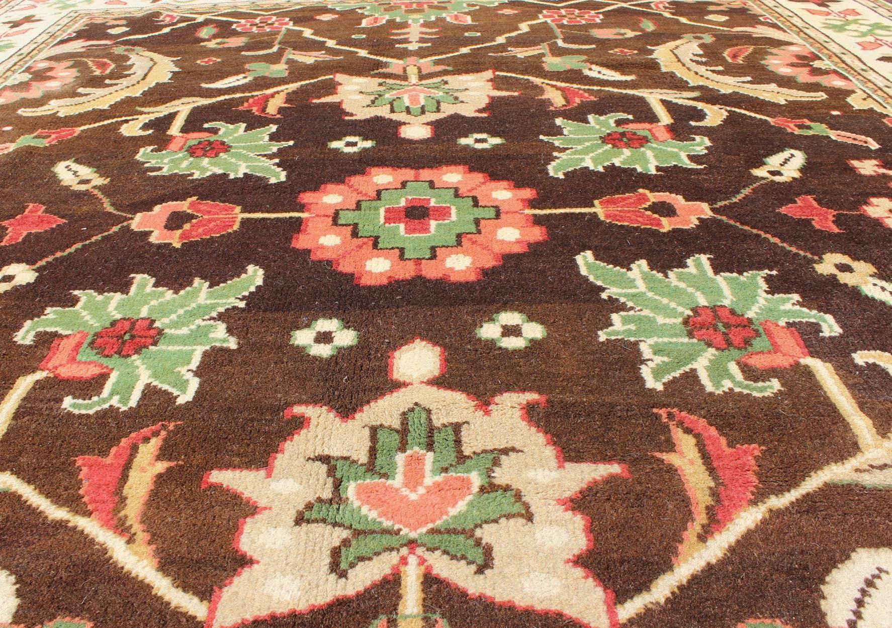 Brown, Green, Coral, and Mint Indian Mahal Design Rug with Vining Flower Design 3