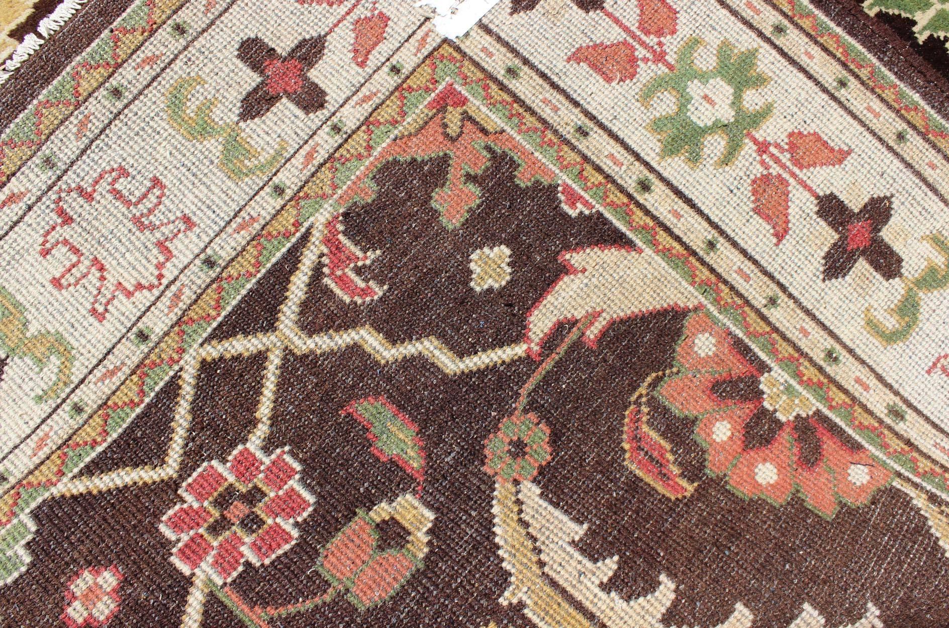 Brown, Green, Coral, and Mint Indian Mahal Design Rug with Vining Flower Design 4
