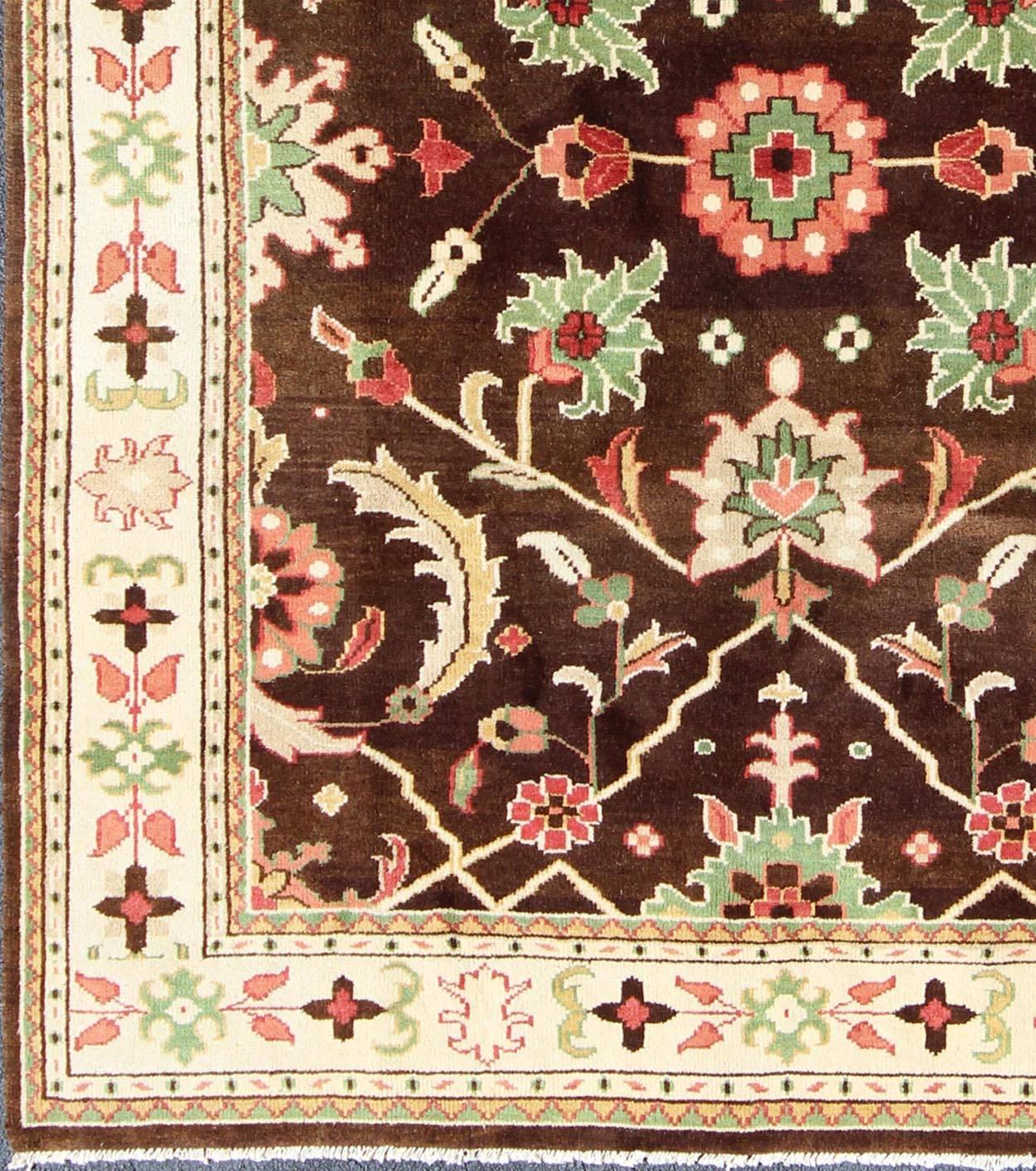 Brown, Green, coral, and mint Indian Sultanabad Design rug with vining flower design, rug 13-1204, country of origin / type: India / Sultanabad.

This beautiful and large Indian Sultanabad design rug displays a gorgeous, all-over vining floral