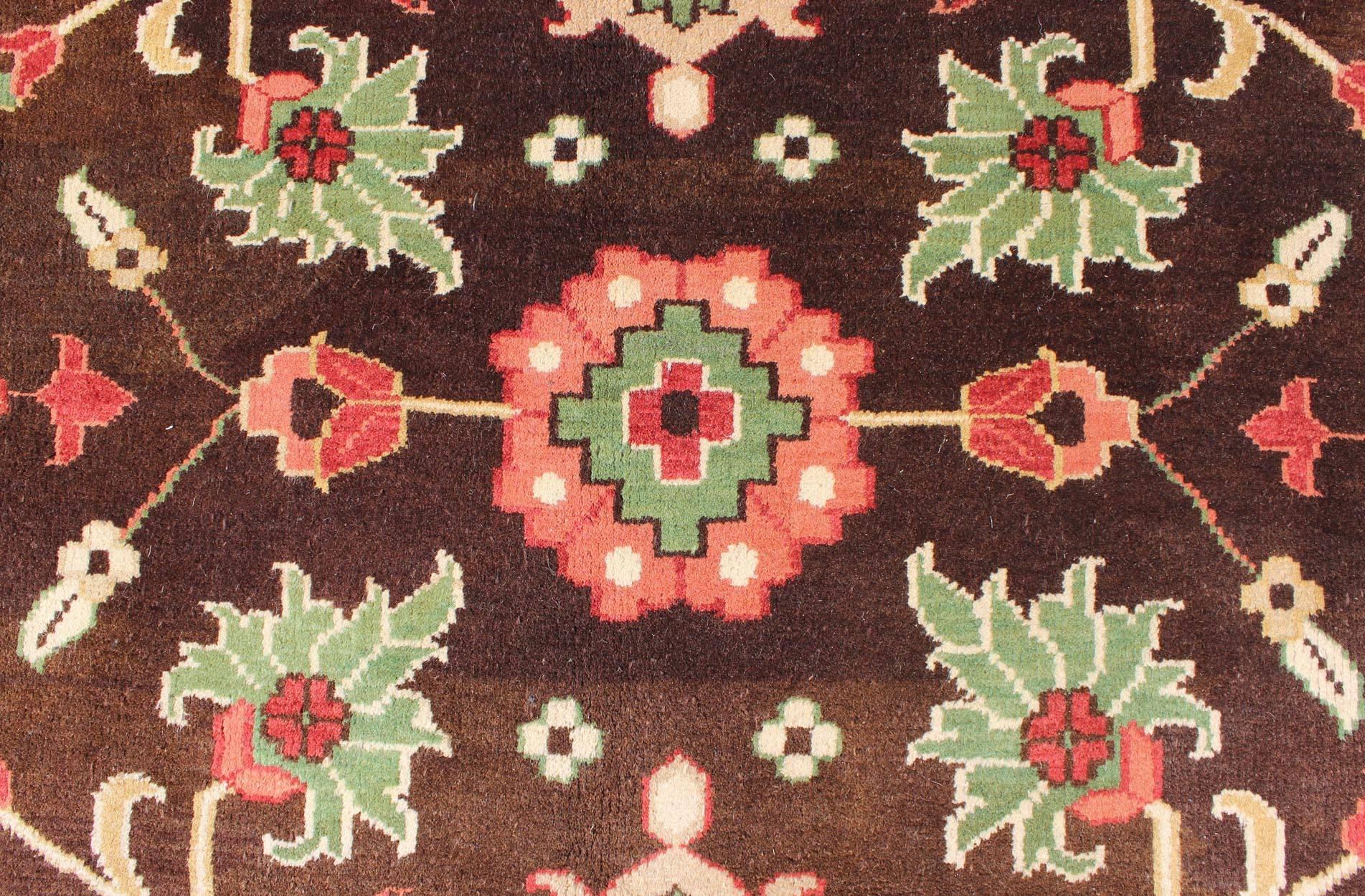 Hand-Knotted Brown, Green, Coral, and Mint Indian Mahal Design Rug with Vining Flower Design