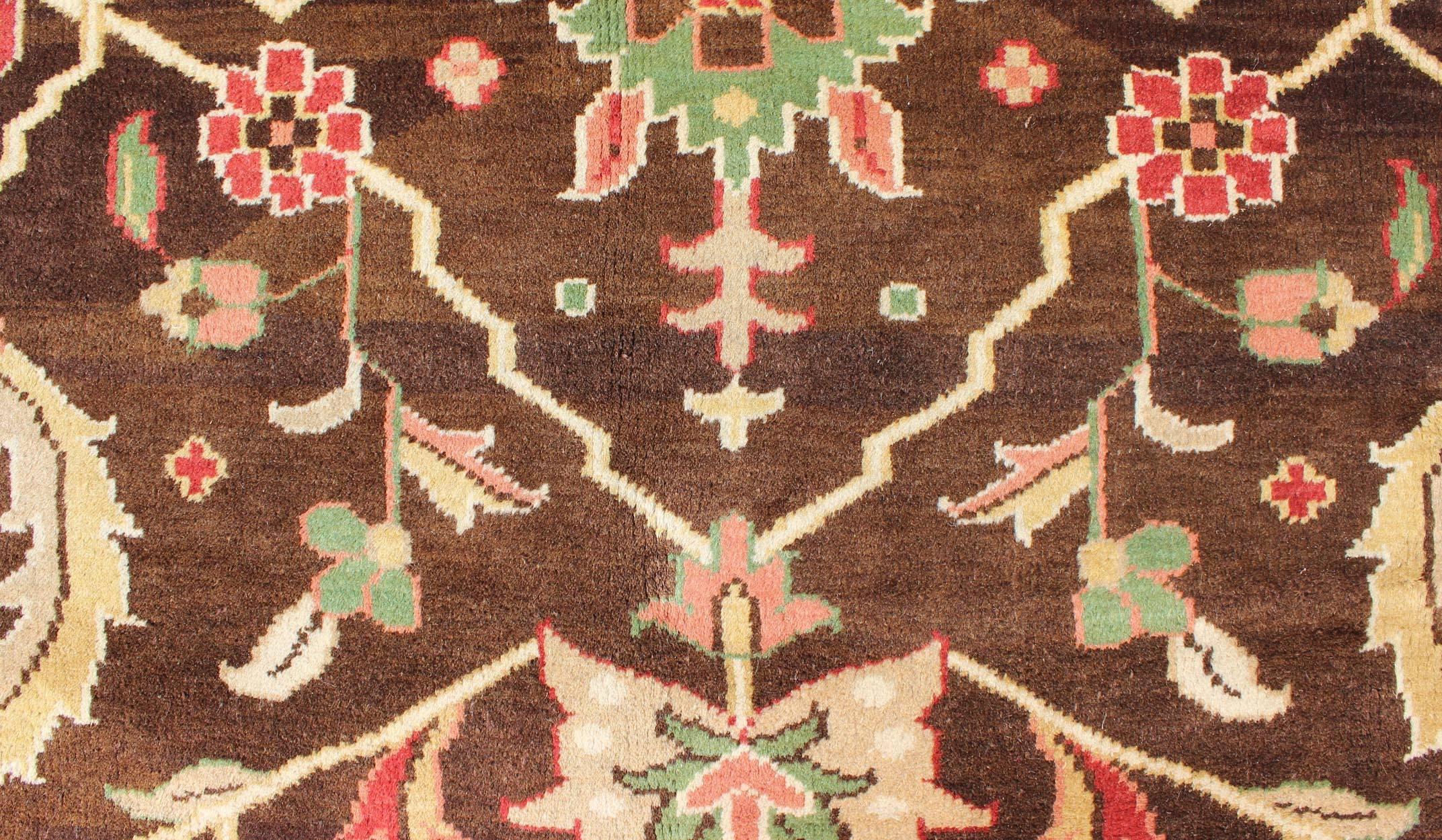 Brown, Green, Coral, and Mint Indian Mahal Design Rug with Vining Flower Design In Excellent Condition In Atlanta, GA
