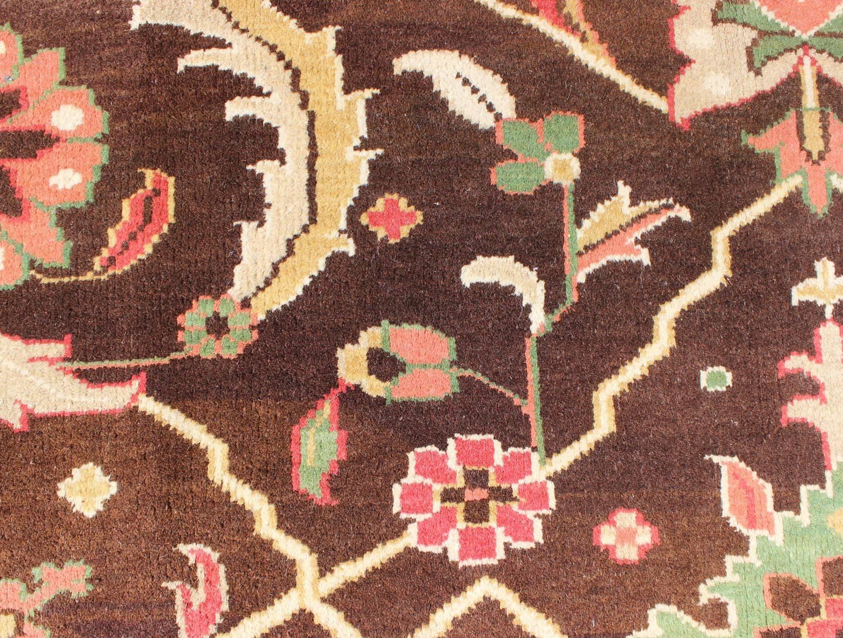 Late 20th Century Brown, Green, Coral, and Mint Indian Mahal Design Rug with Vining Flower Design