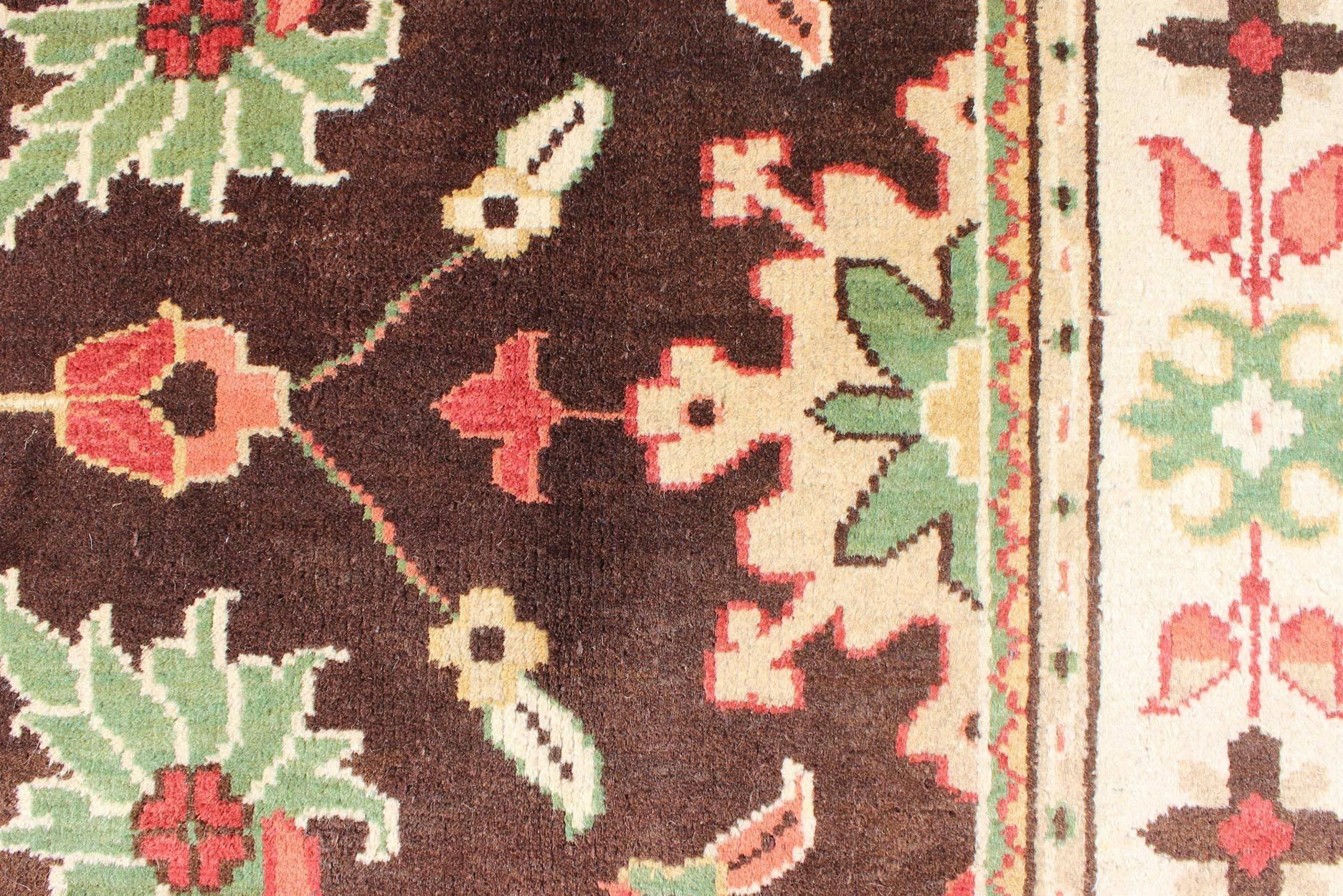 Wool Brown, Green, Coral, and Mint Indian Mahal Design Rug with Vining Flower Design