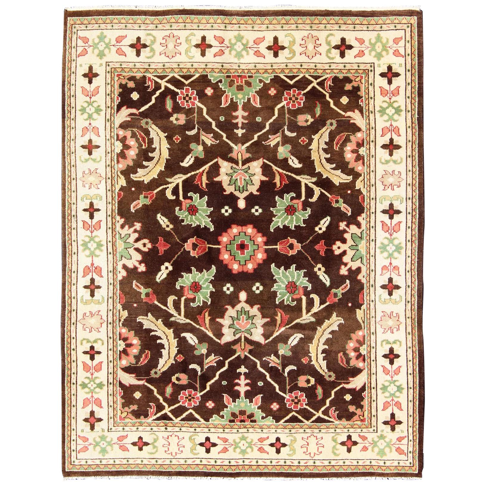 Brown, Green, Coral, and Mint Indian Mahal Design Rug with Vining Flower Design