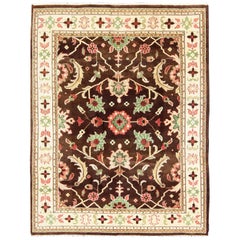 Brown, Green, Coral, and Mint Indian Mahal Design Rug with Vining Flower Design