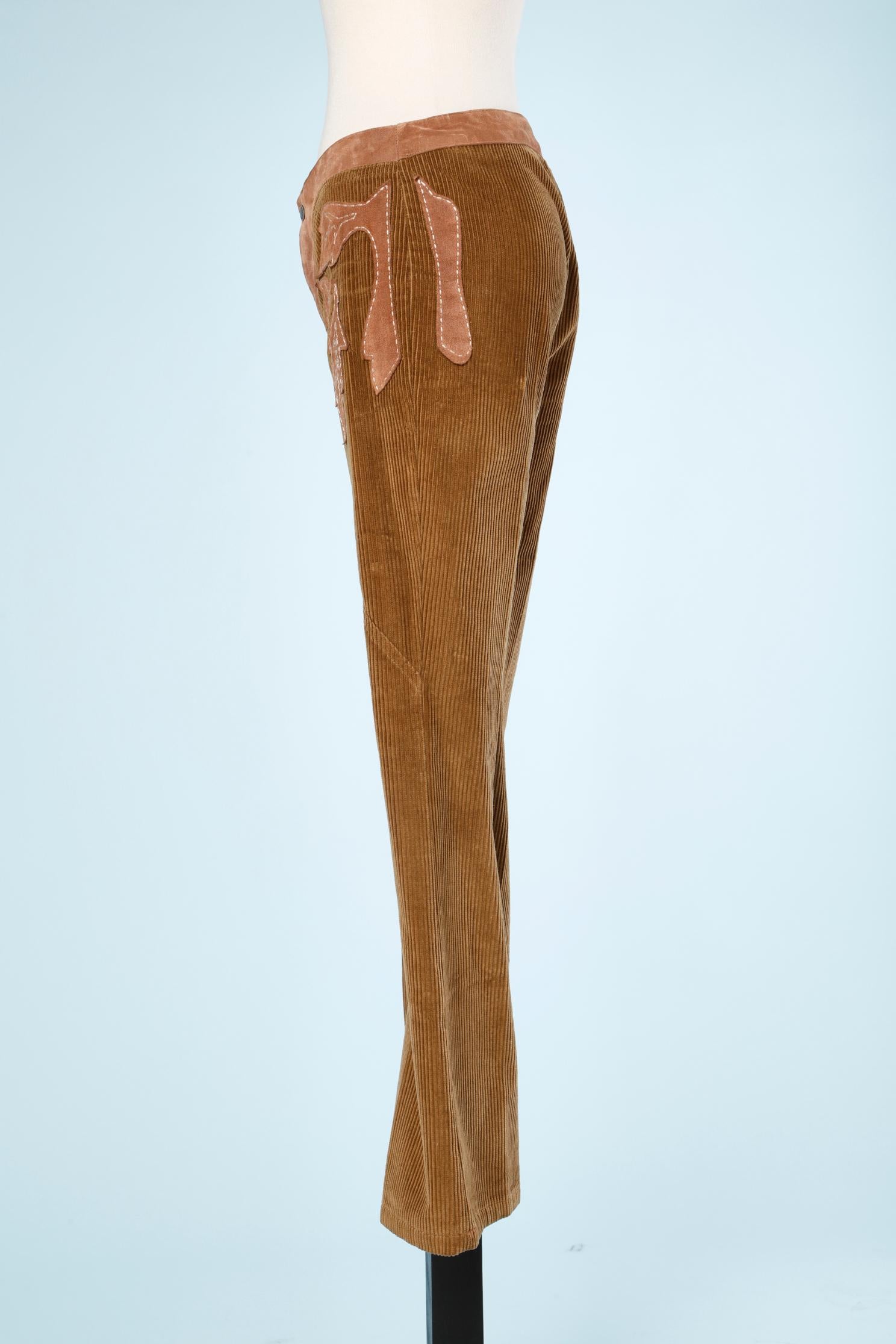 Women's Brown corduroy trouser with suede leaves appliqué D&G by Dolce &Gabbana For Sale