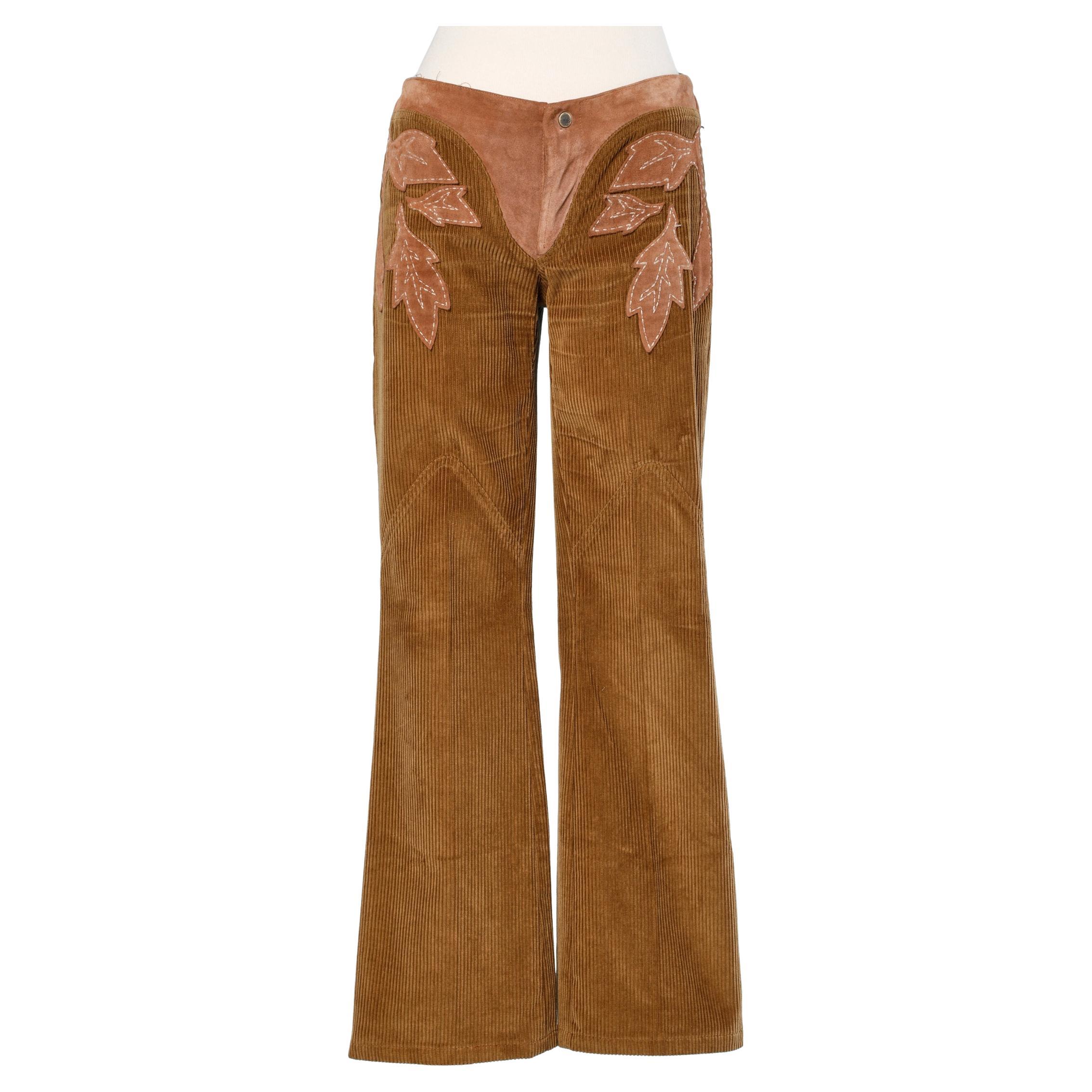 Brown corduroy trouser with suede leaves appliqué D&G by Dolce &Gabbana For Sale
