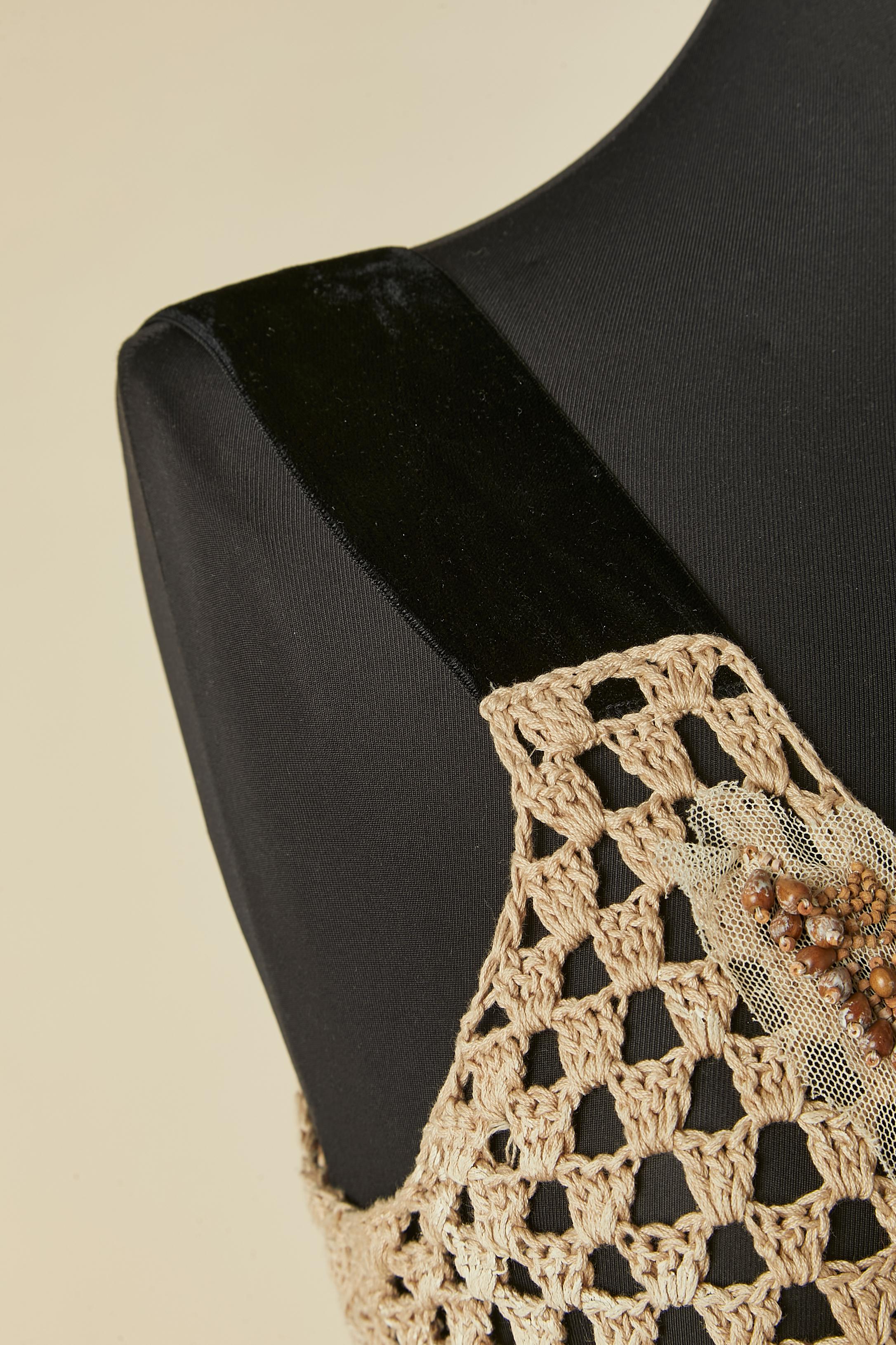 Brown cotton crochet dress with beaded work and velvet details PRADA In Excellent Condition For Sale In Saint-Ouen-Sur-Seine, FR