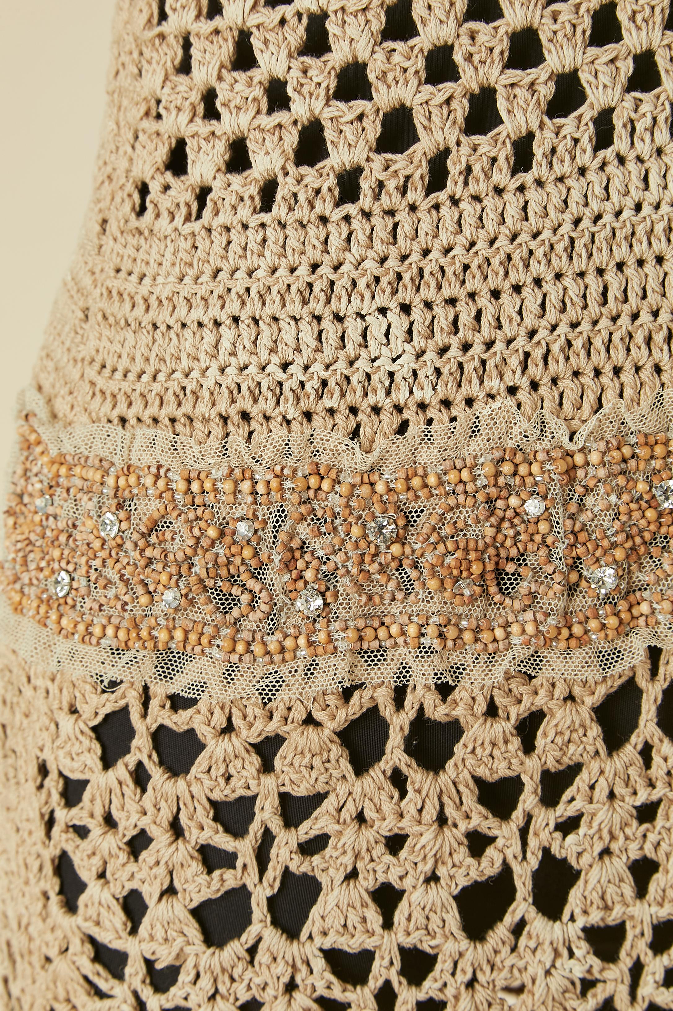 Women's Brown cotton crochet dress with beaded work and velvet details PRADA For Sale