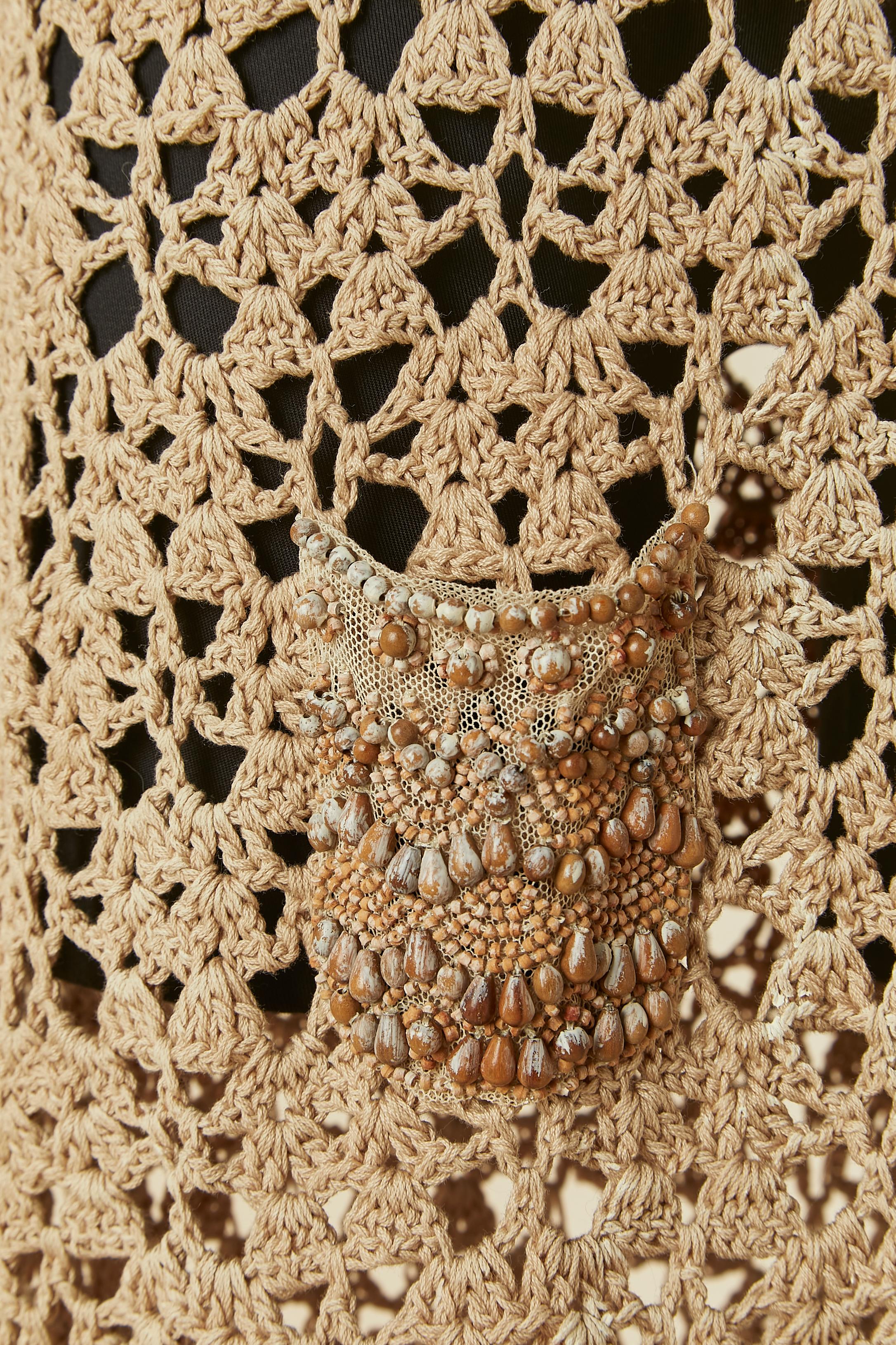 Brown cotton crochet dress with beaded work and velvet details PRADA For Sale 1
