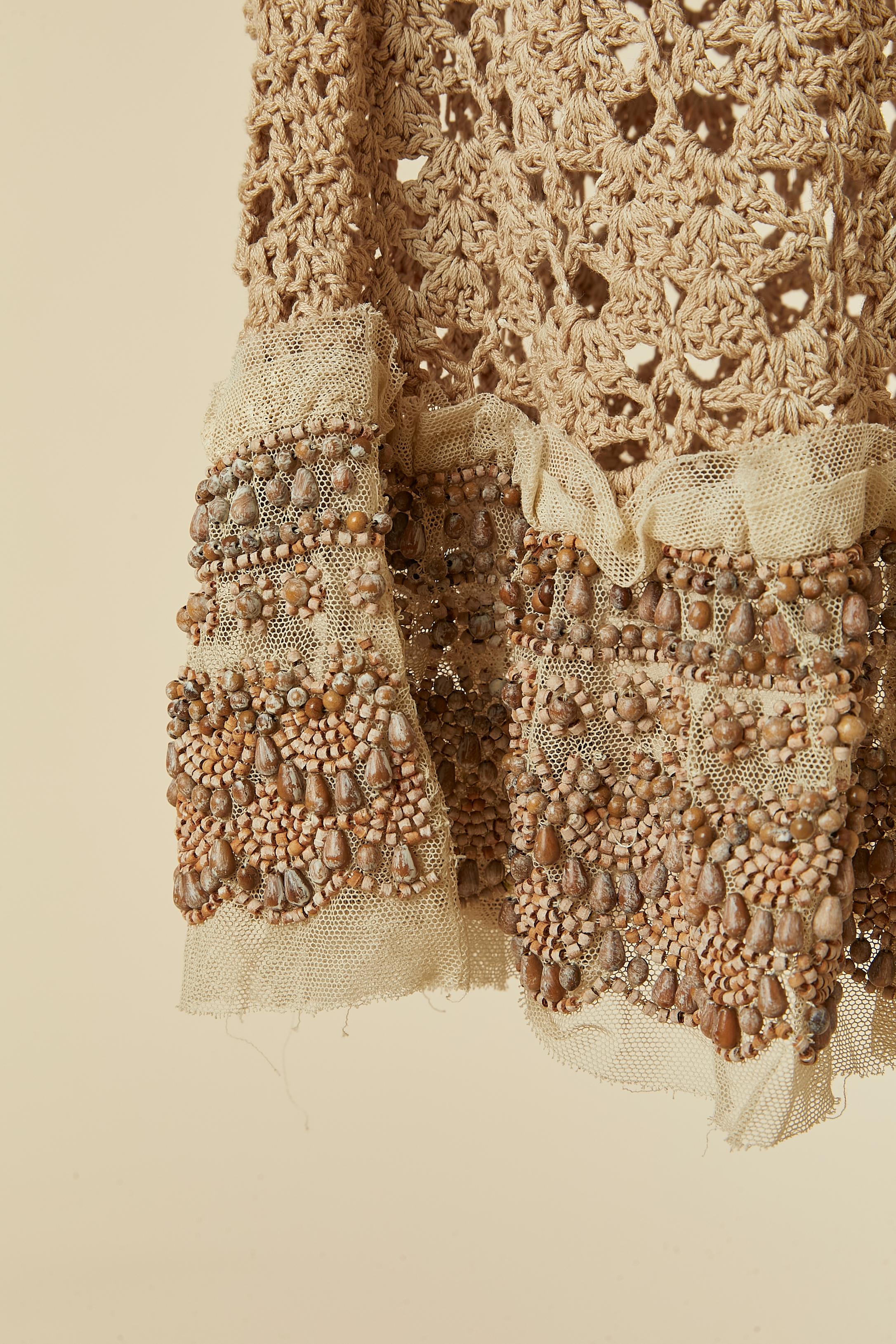 Brown cotton crochet dress with beaded work and velvet details PRADA For Sale 2