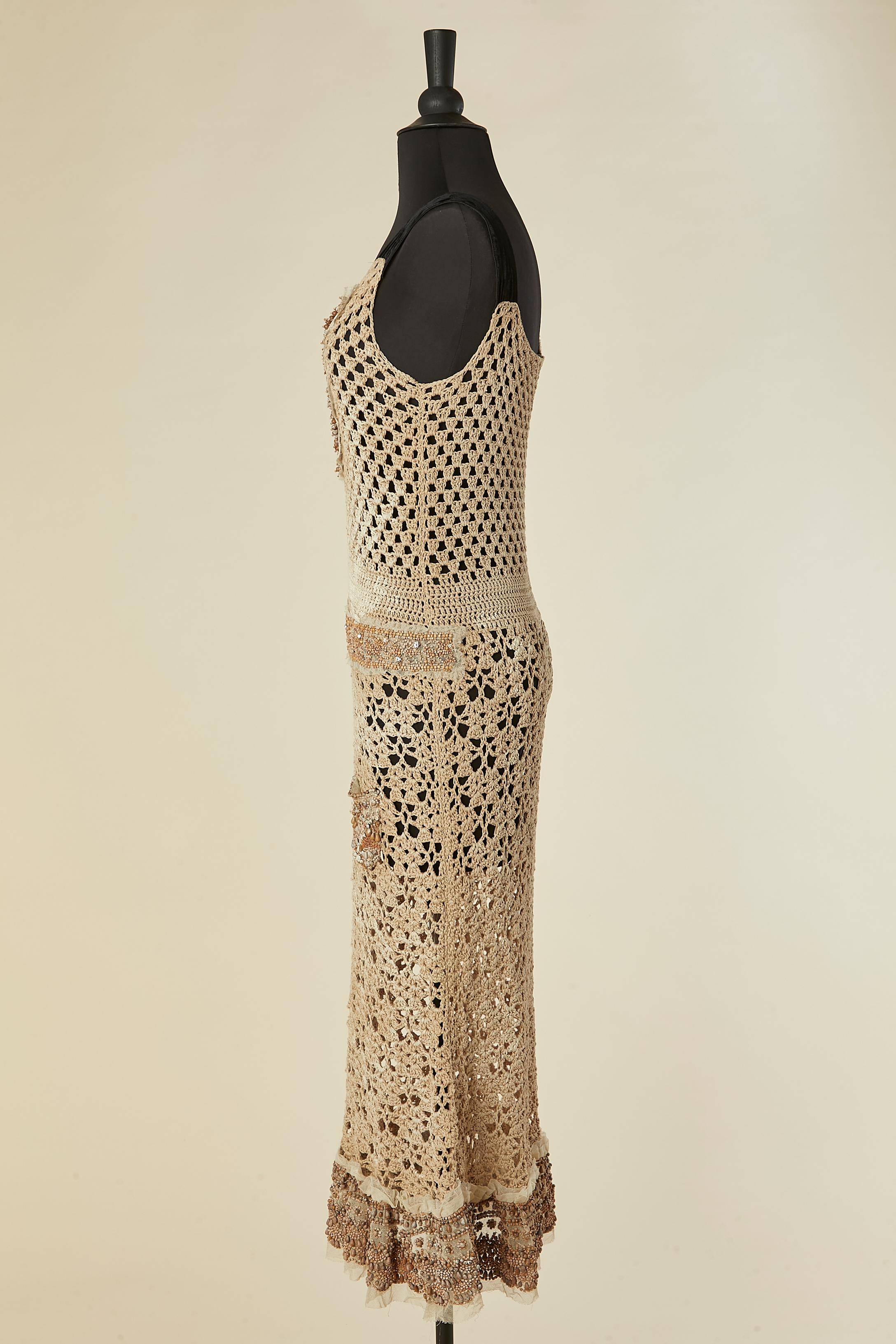 Brown cotton crochet dress with beaded work and velvet details PRADA For Sale 3