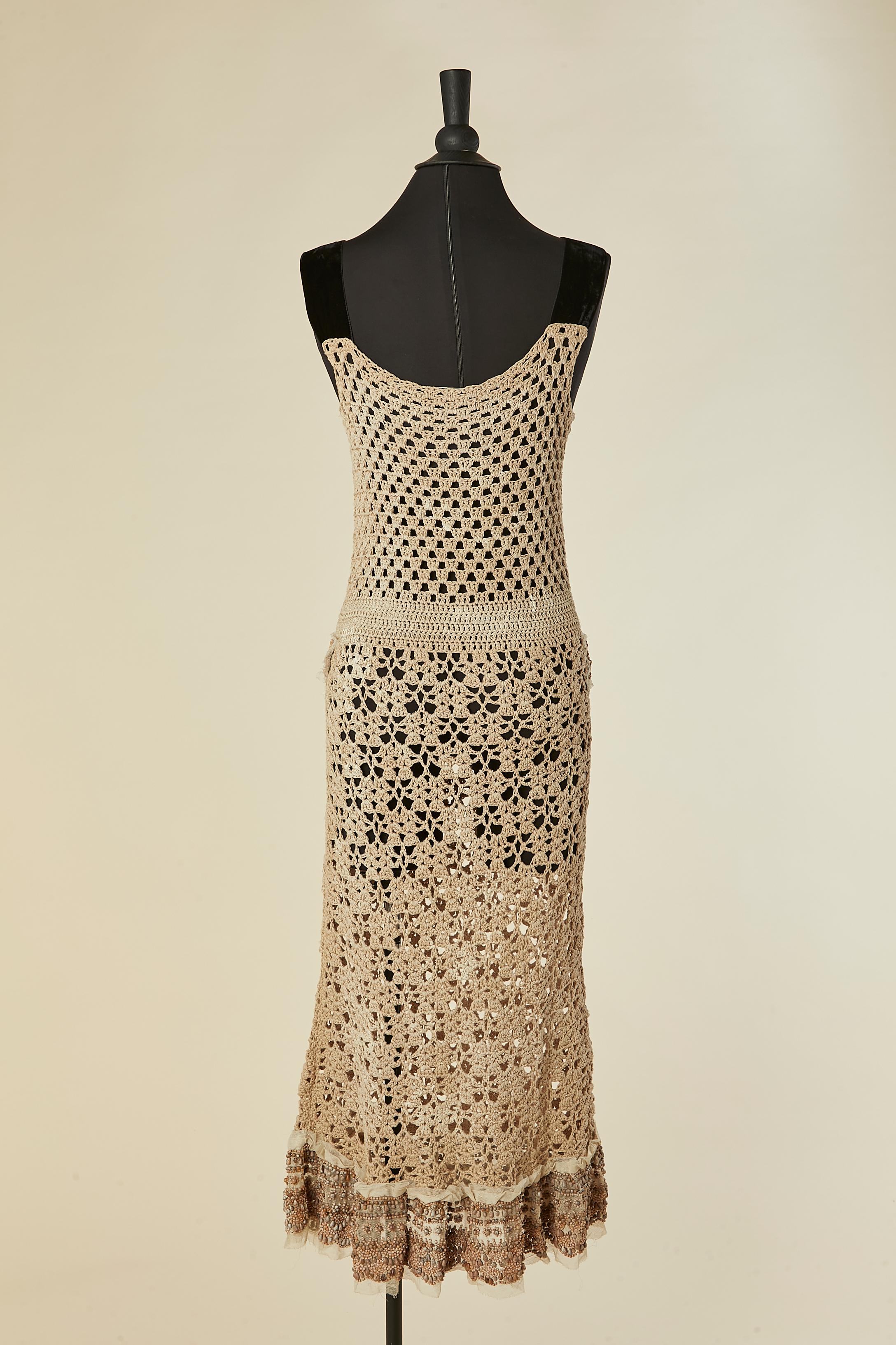 Brown cotton crochet dress with beaded work and velvet details PRADA For Sale 4