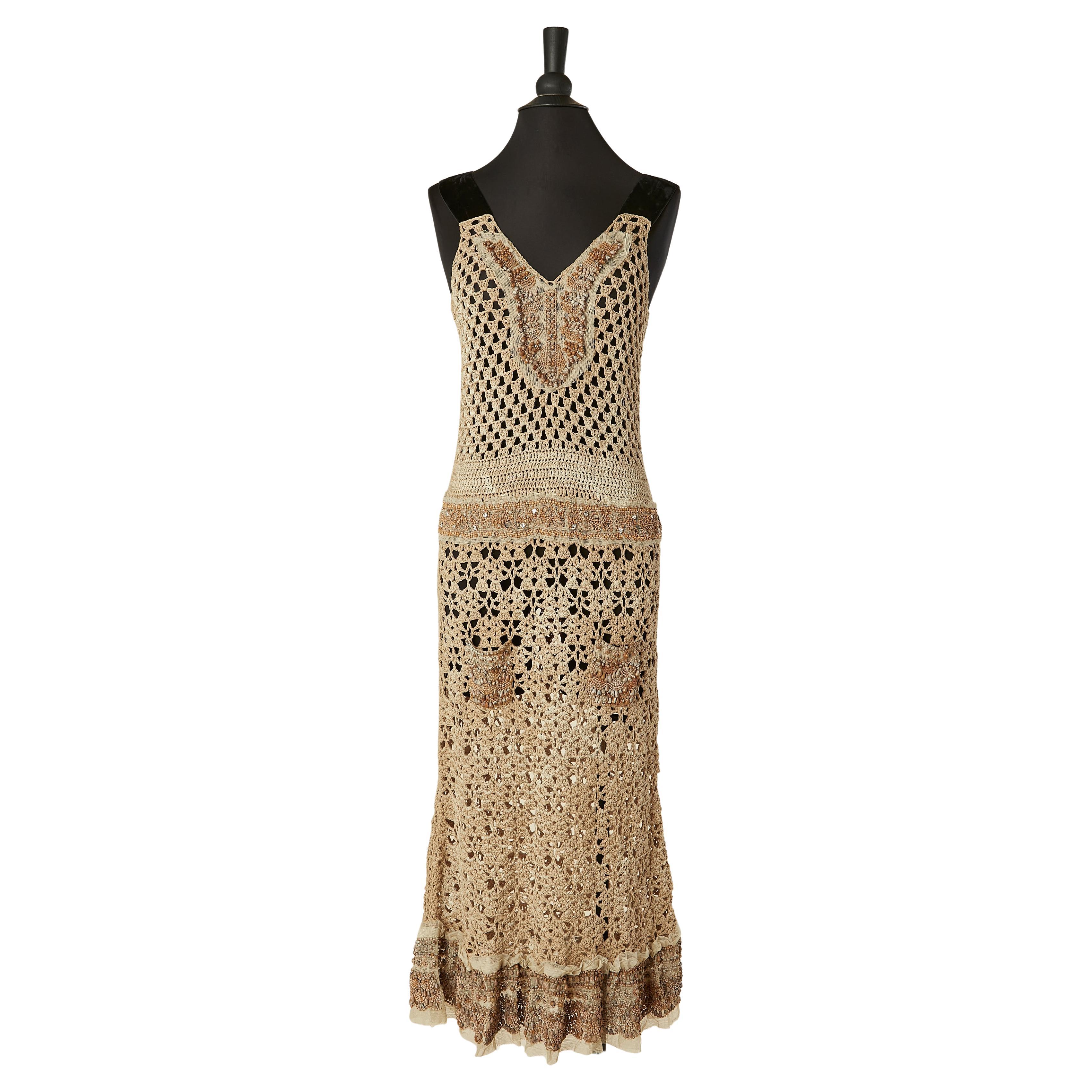 Brown cotton crochet dress with beaded work and velvet details PRADA For Sale