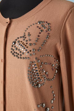 Cardigan en tricot de coton marron orné de strass et de clous Sonia Rykiel