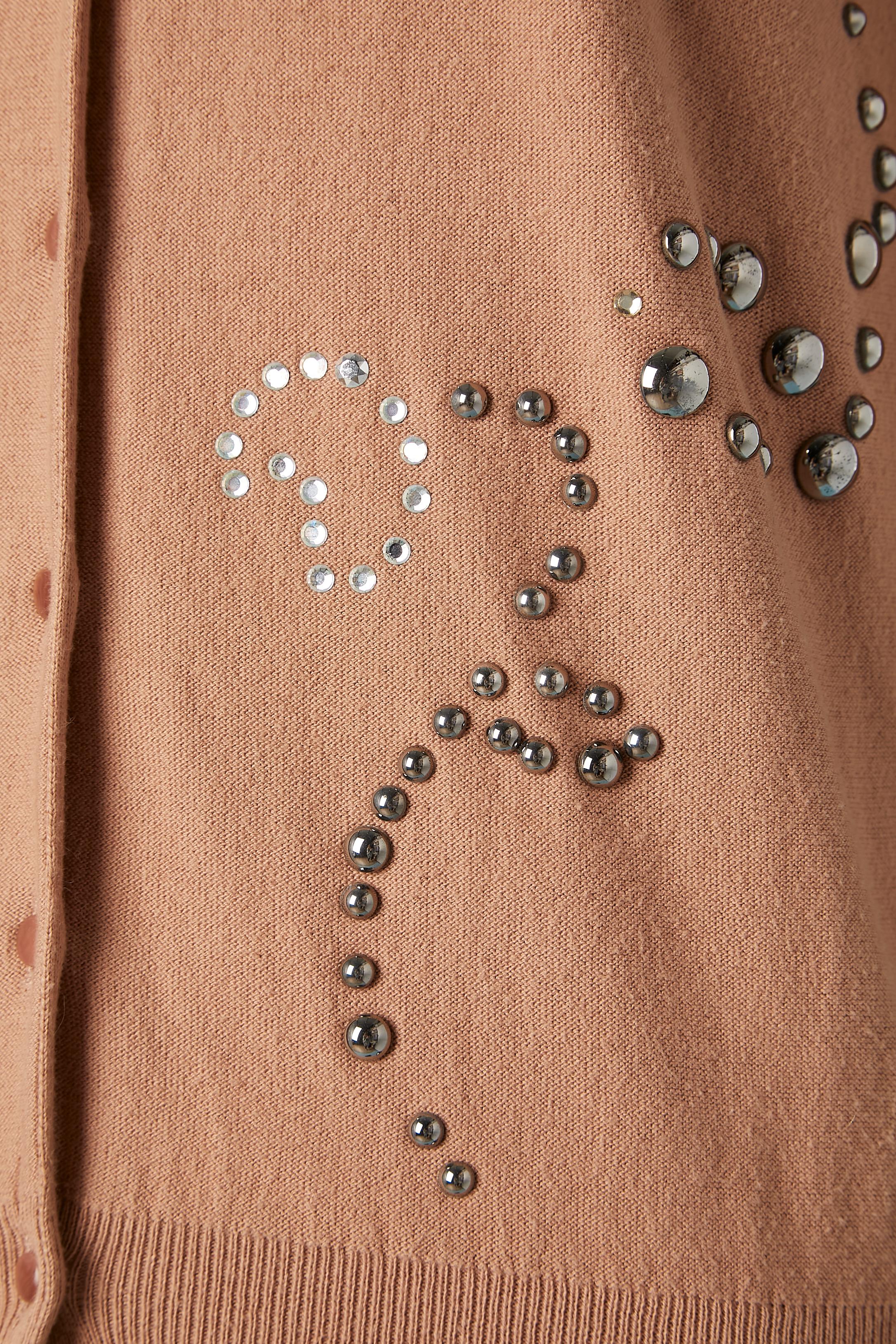 Brown cotton knit cardigan with rhinestone and studs embellishment Sonia Rykiel  In Good Condition For Sale In Saint-Ouen-Sur-Seine, FR