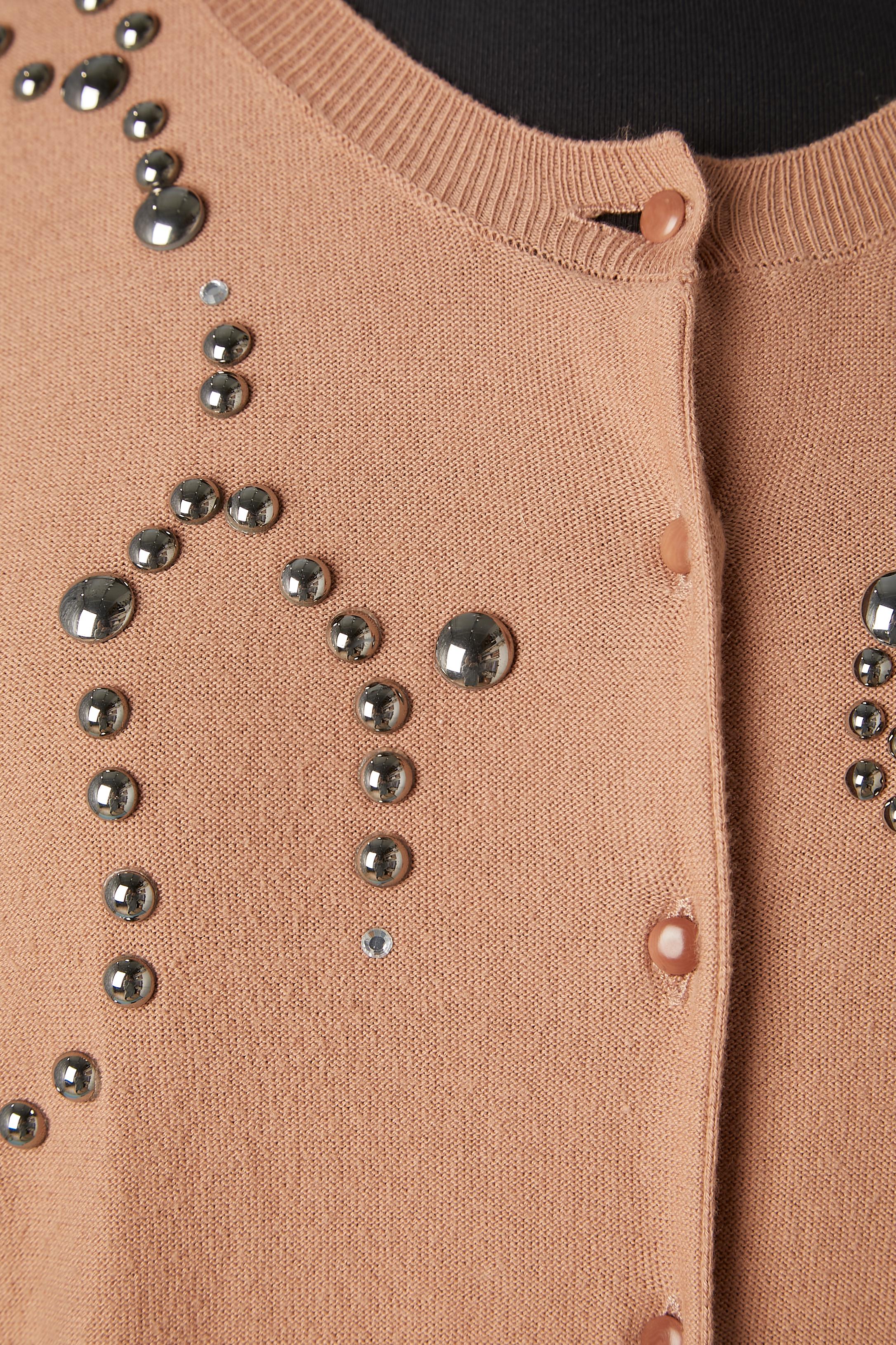 Brown cotton knit cardigan with rhinestone and studs embellishment Sonia Rykiel  For Sale 1