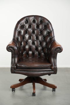 Sedia da ufficio Chesterfield in pelle di vacchetta marrone, con rotelle, in stile inglese