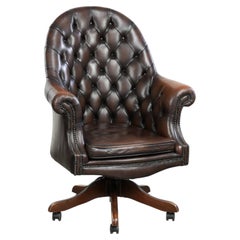 Sedia da ufficio Chesterfield in pelle di vacchetta marrone, con rotelle, in stile inglese