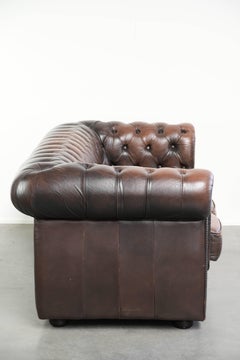 Brown cowhide leather Chesterfield 3-seater sofa in English style