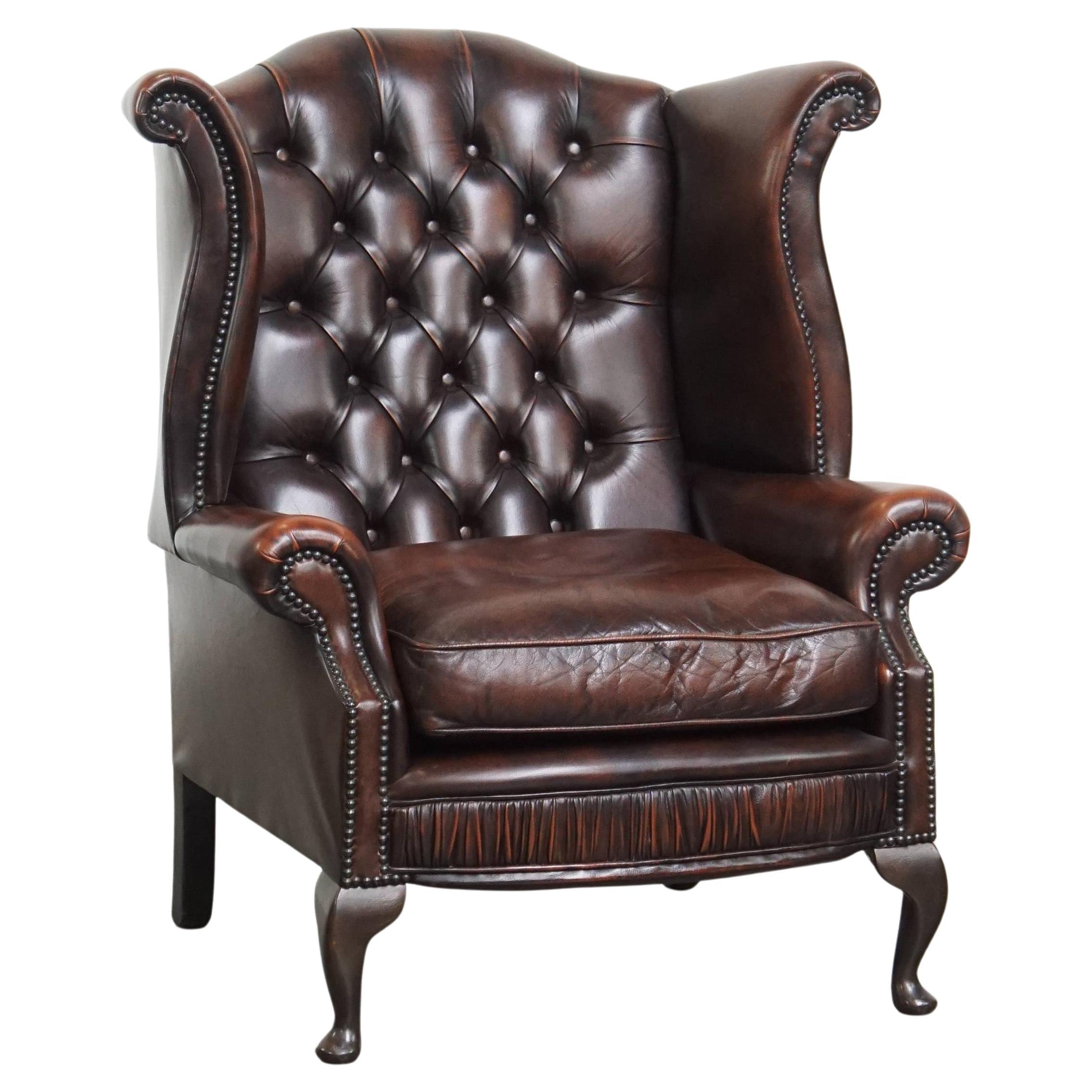 Sedia Chesterfield Wingback in pelle di vacchetta marrone in vendita