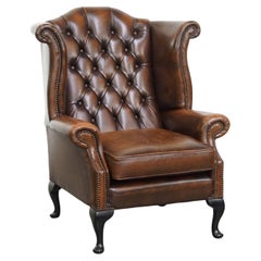 Brown Cowhide Leather Chesterfield Wingback Chair in English Style