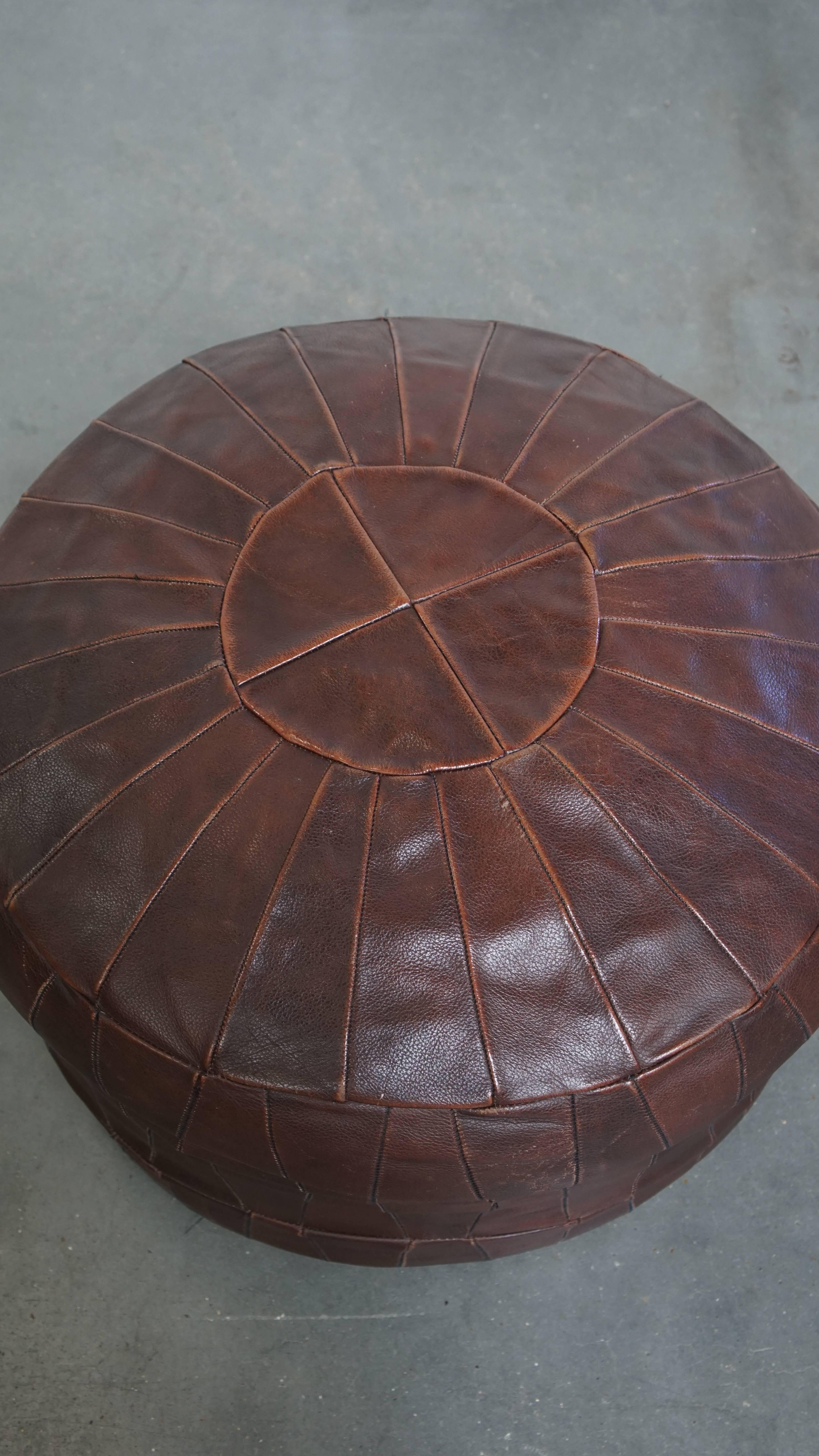 Classical Roman Brown Cowhide Leather Vintage Patchwork Design Pouf from the 1970s For Sale
