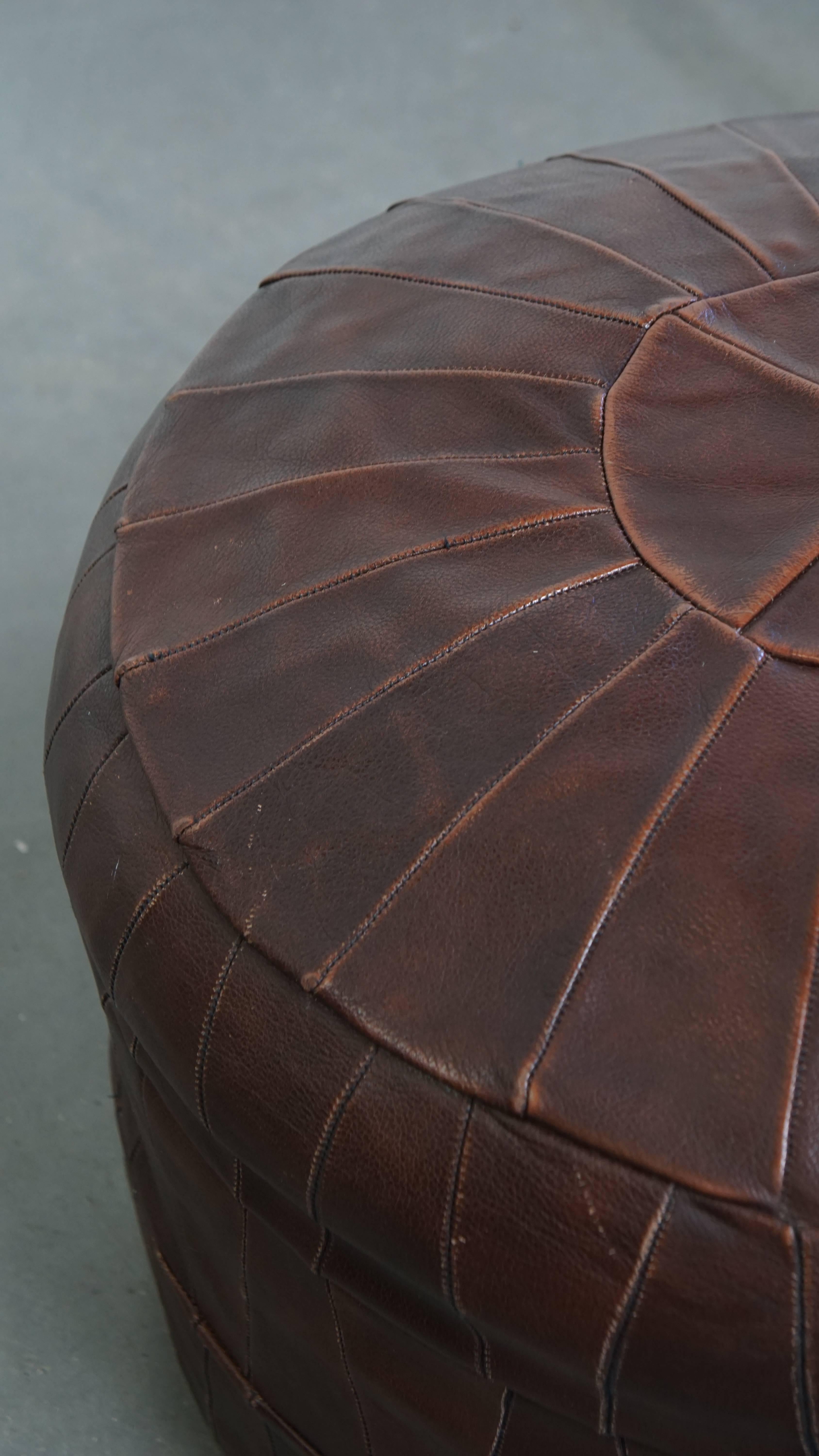 Hand-Crafted Brown Cowhide Leather Vintage Patchwork Design Pouf from the 1970s For Sale