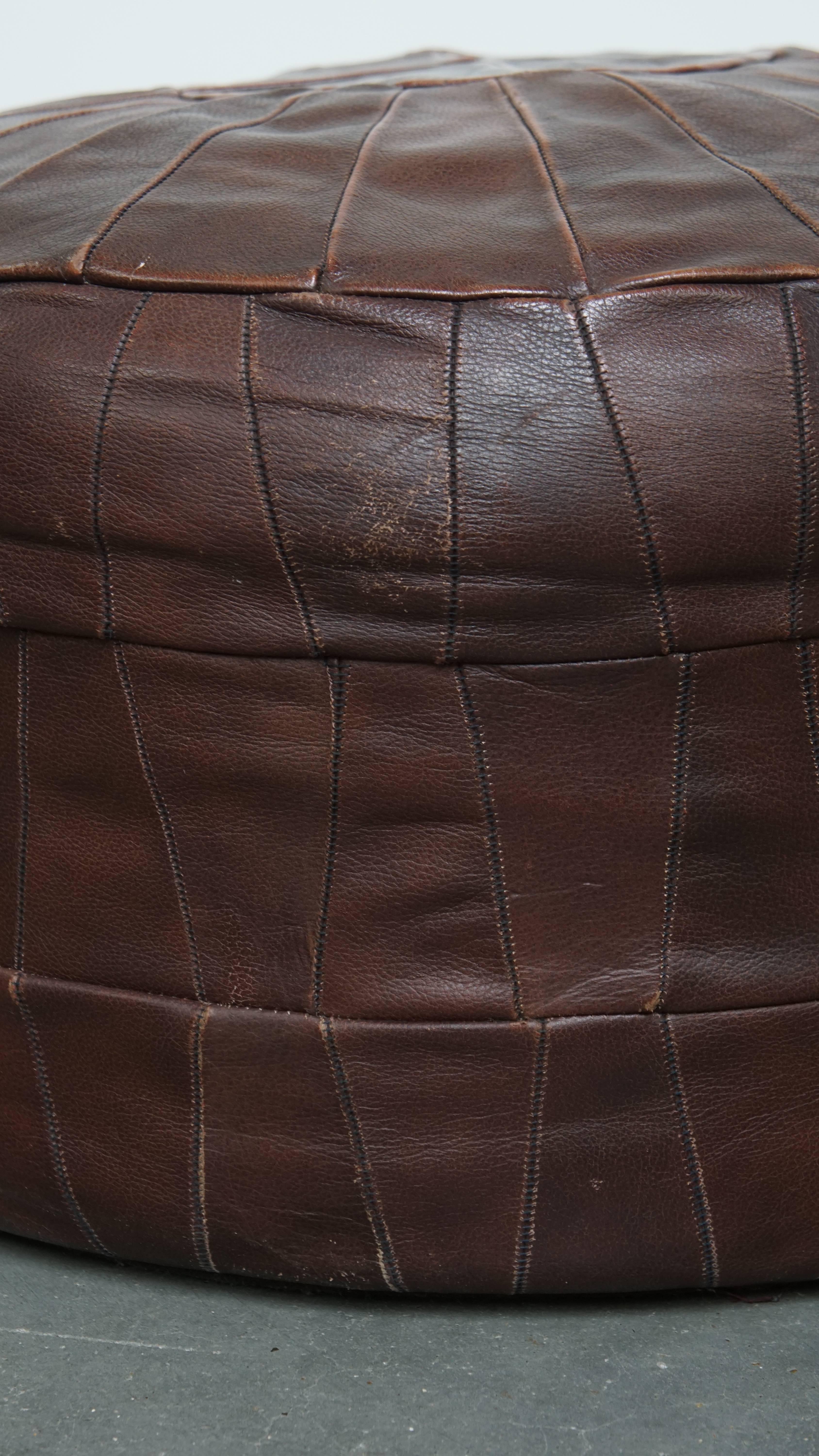 Brown Cowhide Leather Vintage Patchwork Design Pouf from the 1970s In Fair Condition For Sale In Harderwijk, NL