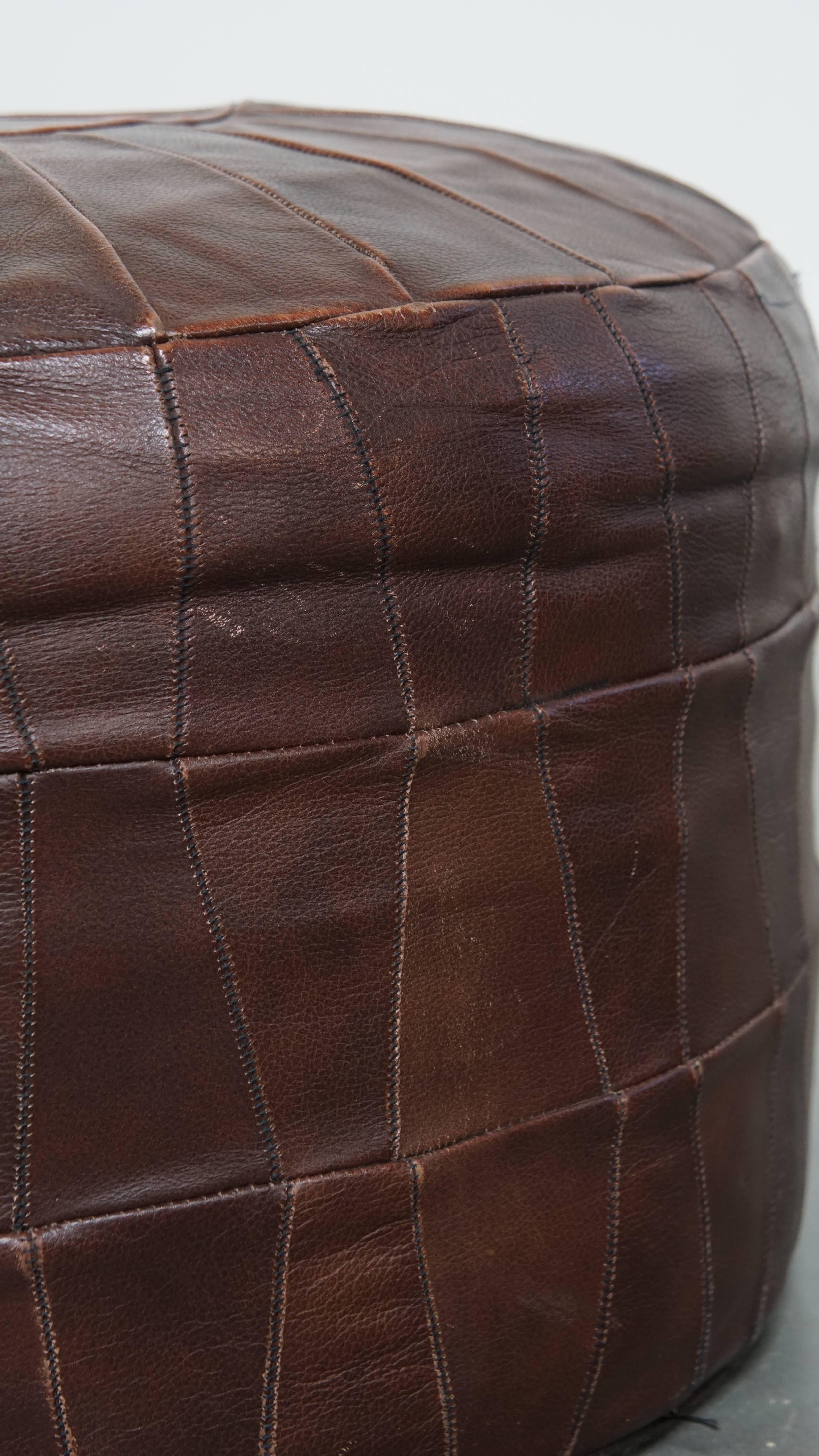 Late 20th Century Brown Cowhide Leather Vintage Patchwork Design Pouf from the 1970s For Sale