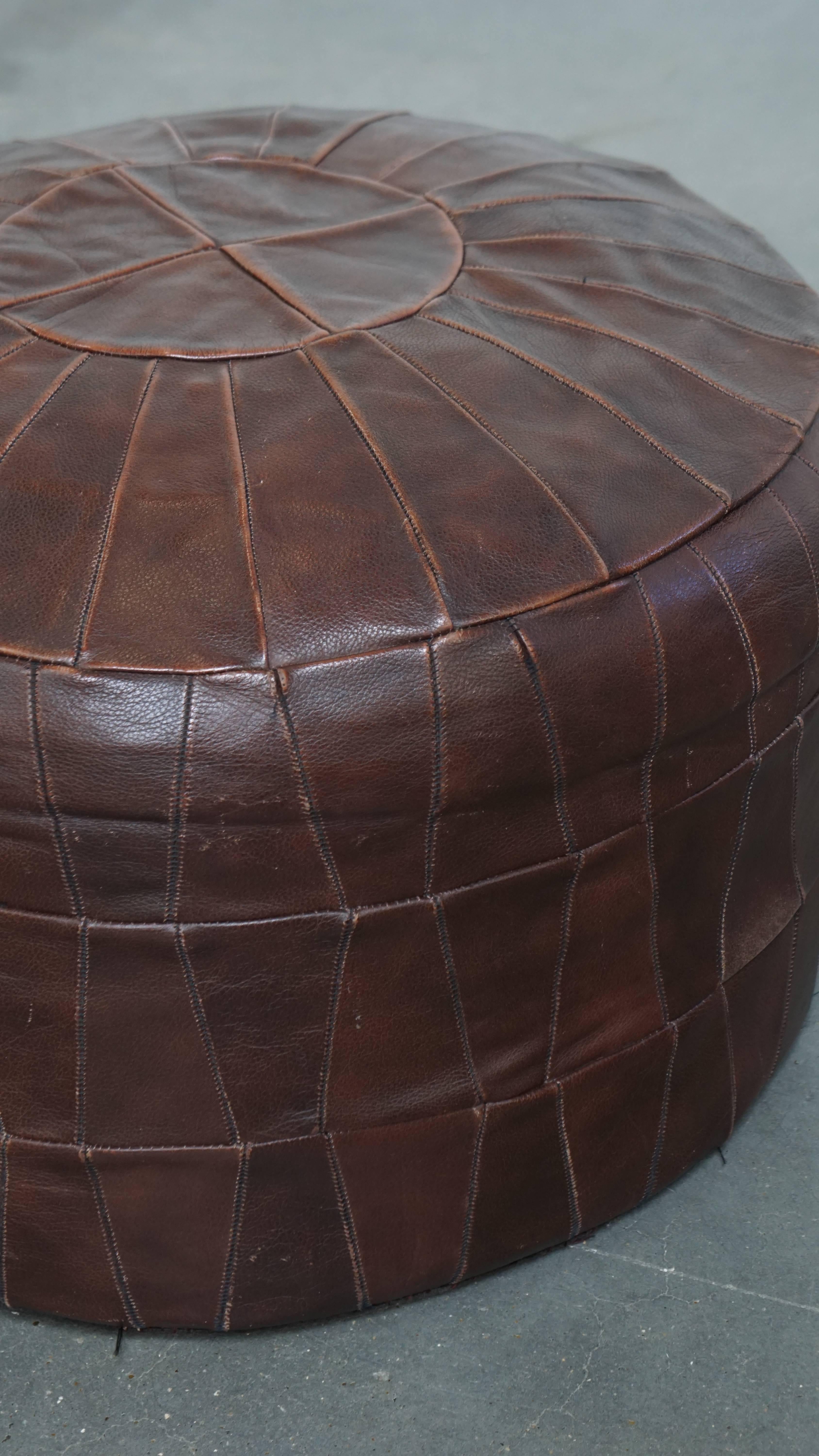Brown Cowhide Leather Vintage Patchwork Design Pouf from the 1970s For Sale 1