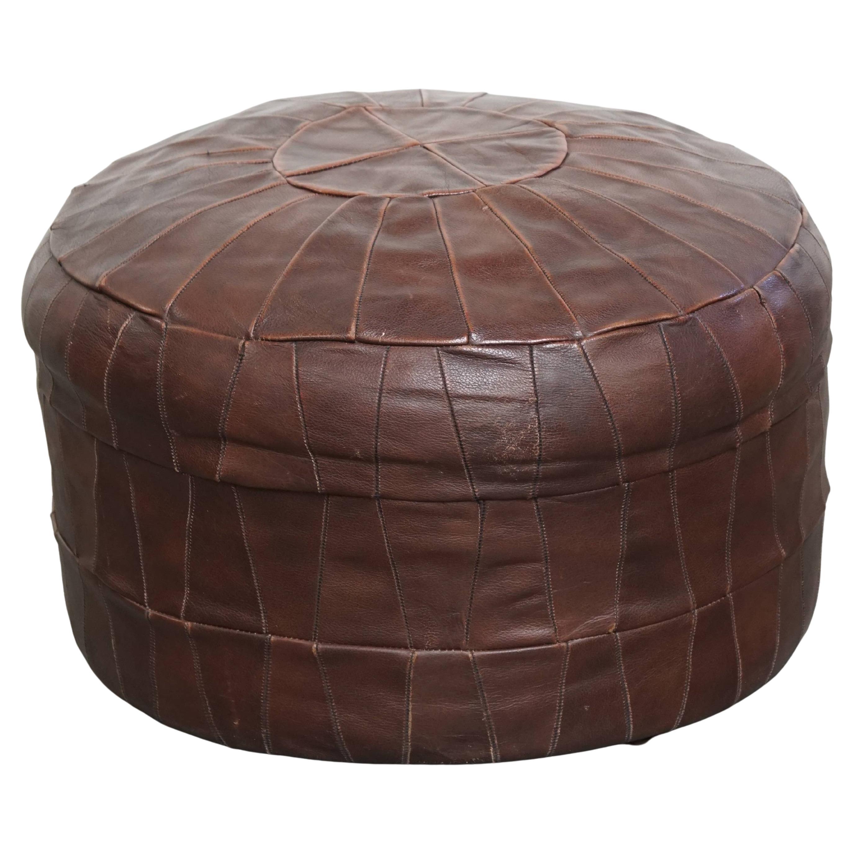 Brown Cowhide Leather Vintage Patchwork Design Pouf from the 1970s For Sale