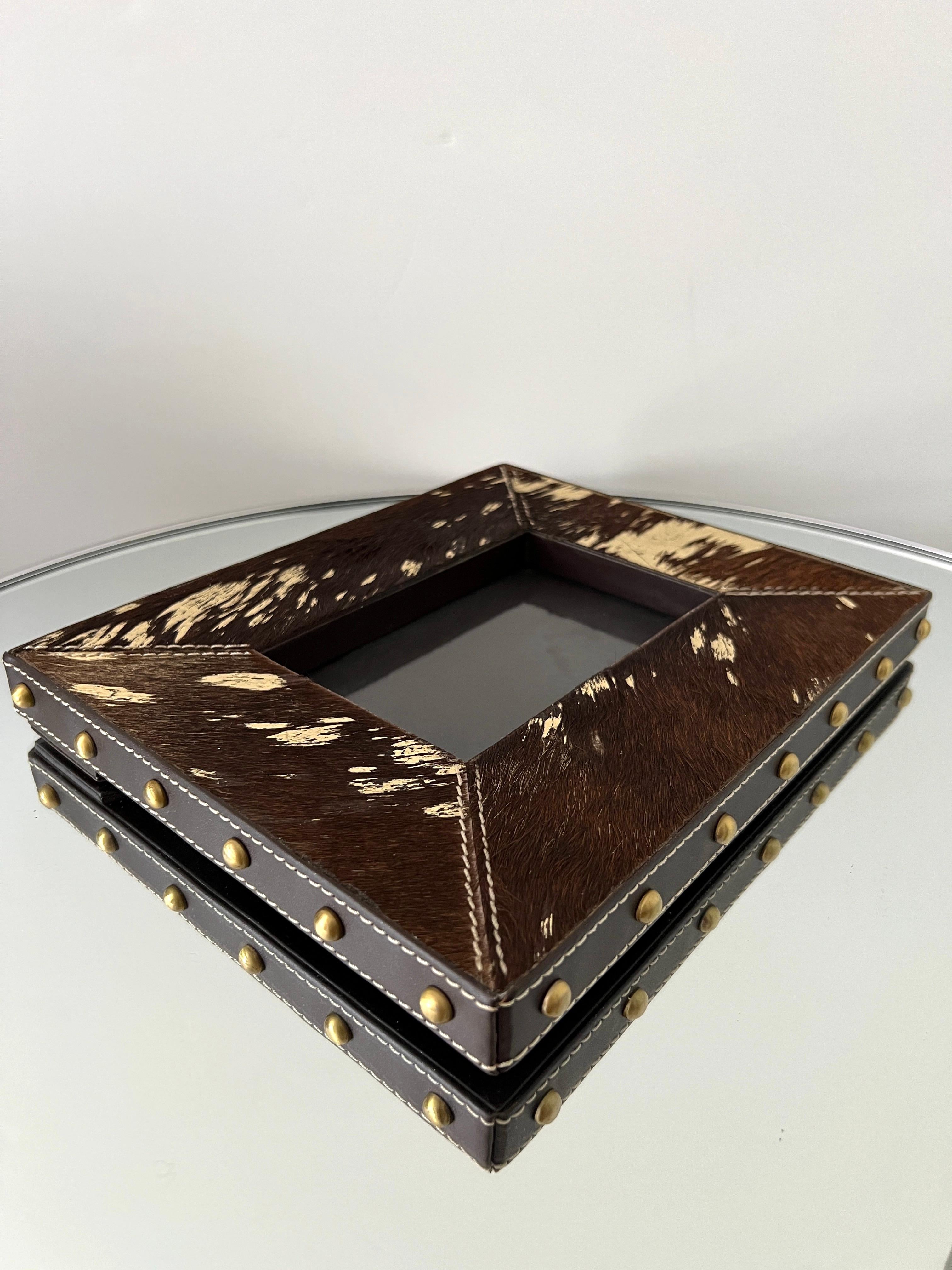 Brown Cowhide Picture Frame with Gold Leaf In Good Condition In Fort Lauderdale, FL