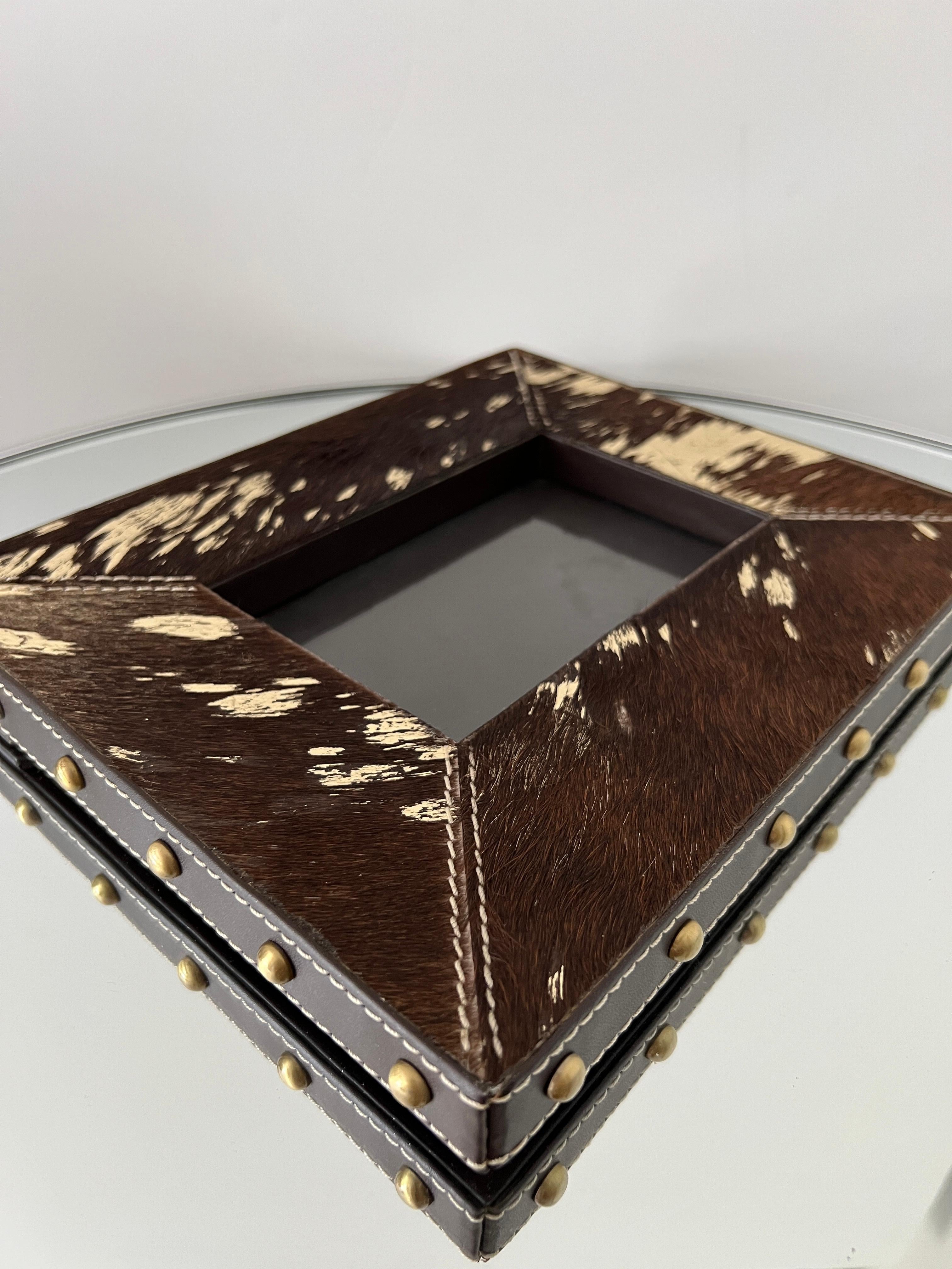 Contemporary Brown Cowhide Picture Frame with Gold Leaf