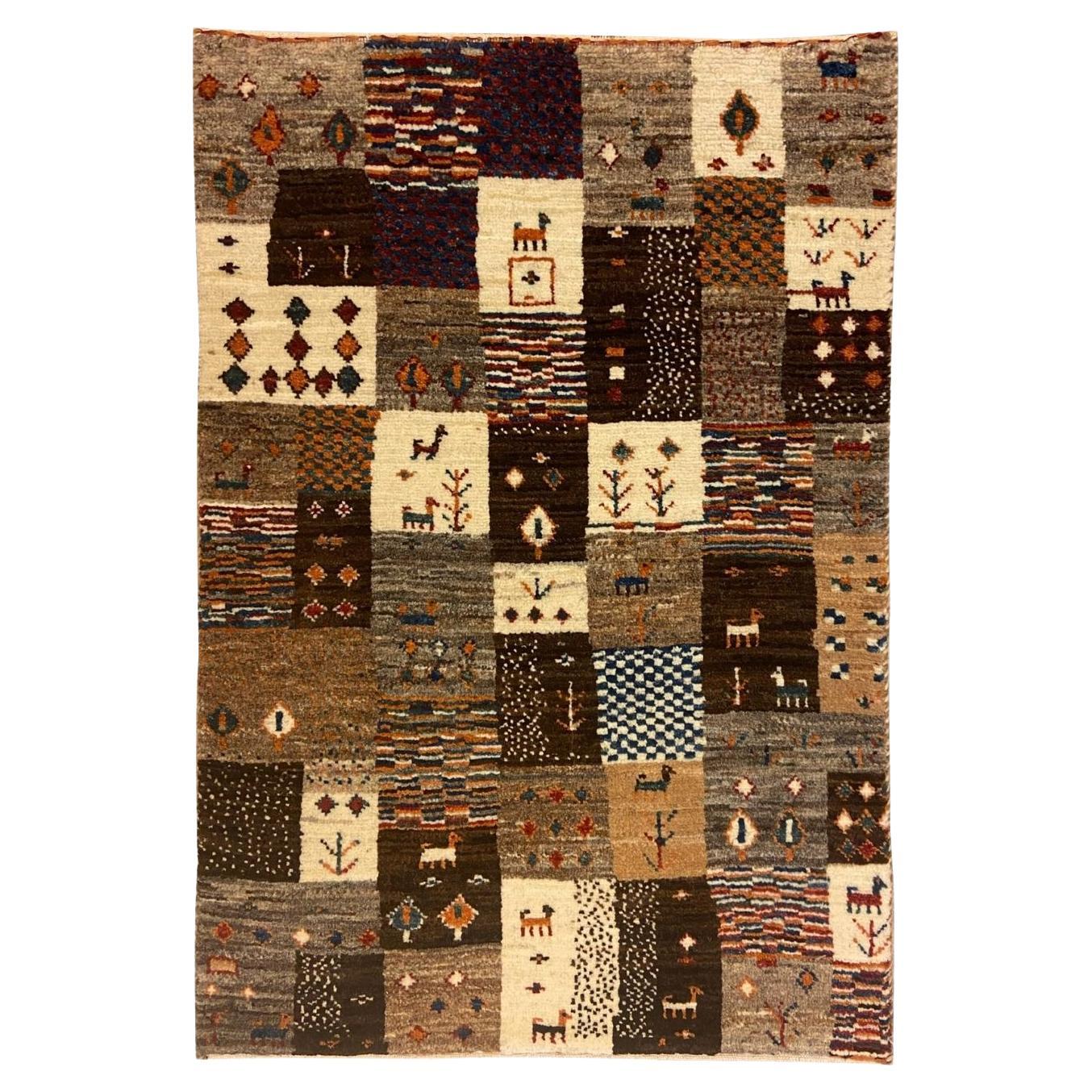 Brown, Cream, and Gray Wool Kashkouli Rug with Playful Motifs, 2' x 3'