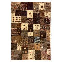 Brown, Cream, and Gray Wool Kashkouli Rug with Playful Motifs, 2' x 3'