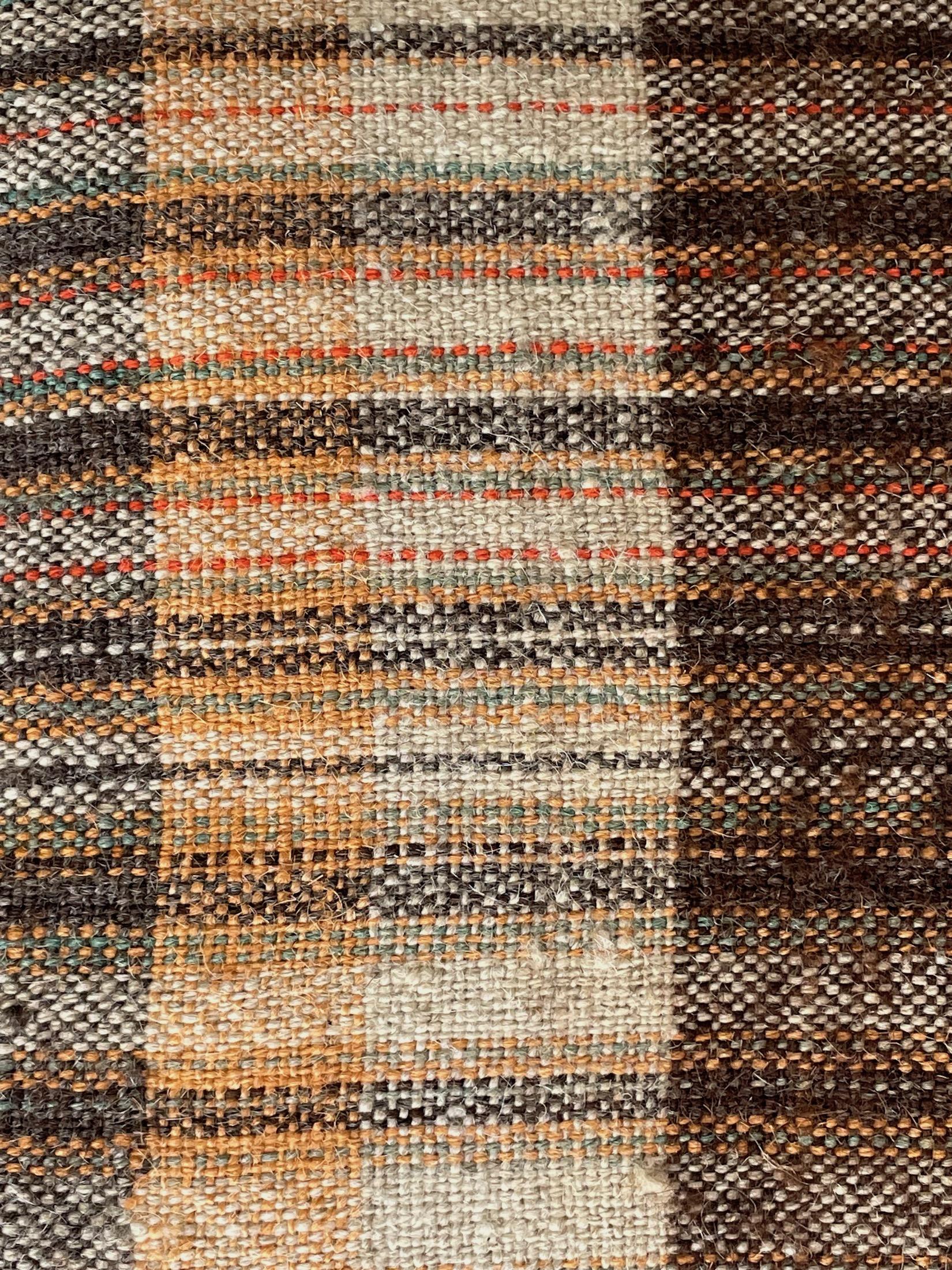Midcentury Portuguese pillow made from handwoven fabric used originally as flour sacks.
New down and feather insert.
Brown, cream, dark orange and teal stripes.