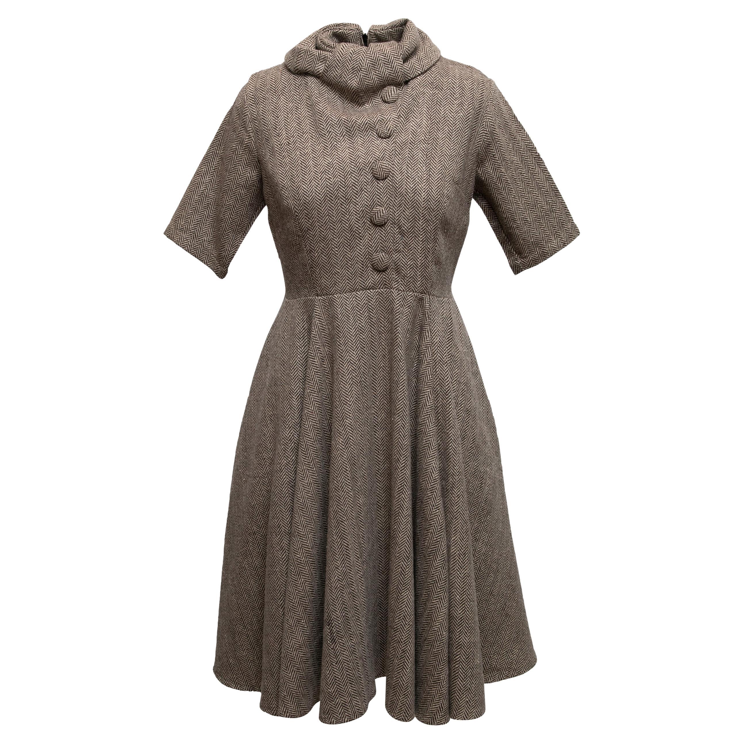 Brown & Cream Eshakii Wool-Blend Herringbone A-Line Dress Size US 8