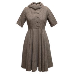 Brown & Cream Eshakii Wool-Blend Herringbone A-Line Dress Size US 8