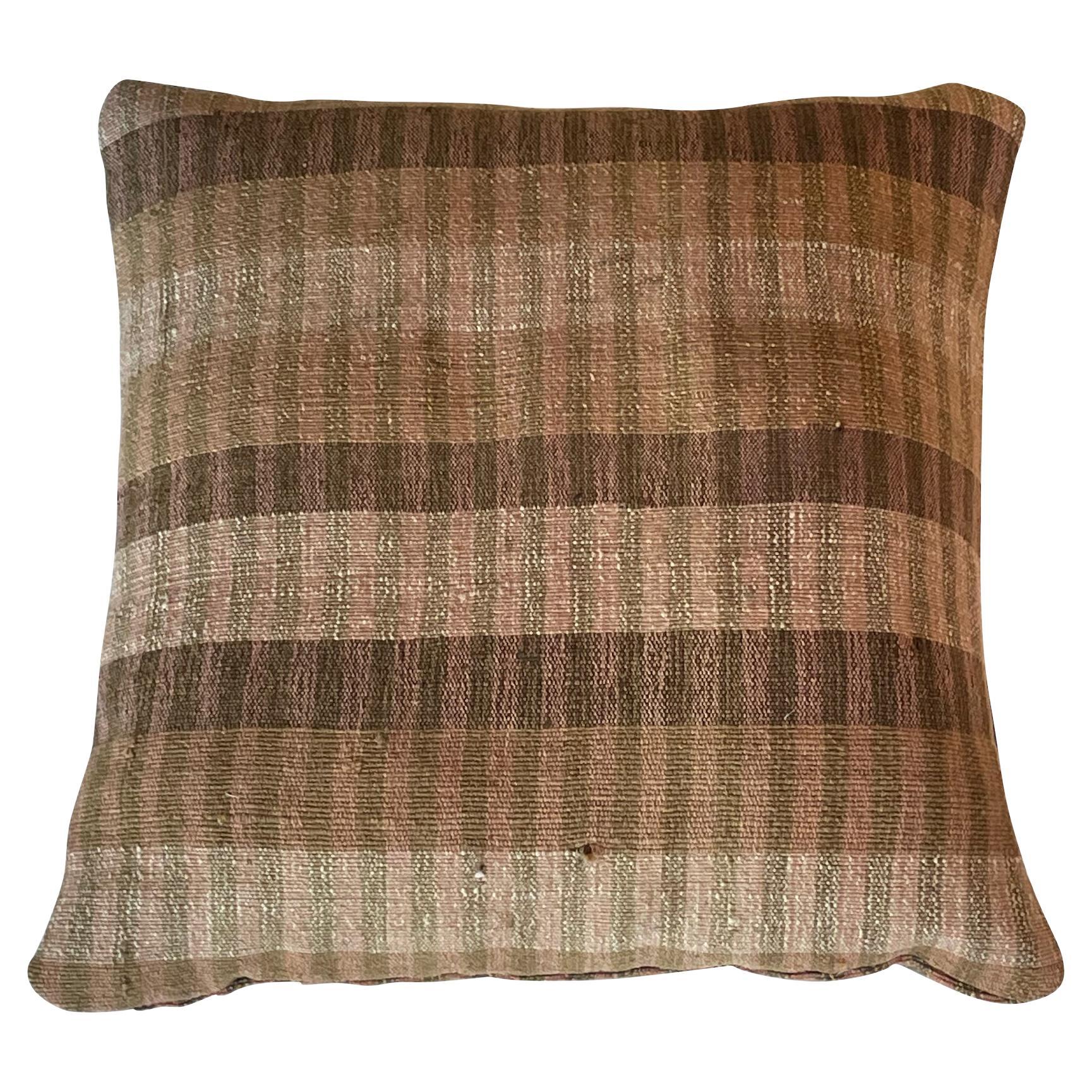 Brown, Cream, Mauve And Olive Stripes Hand Woven Pillow, Portugal, Contemporary For Sale