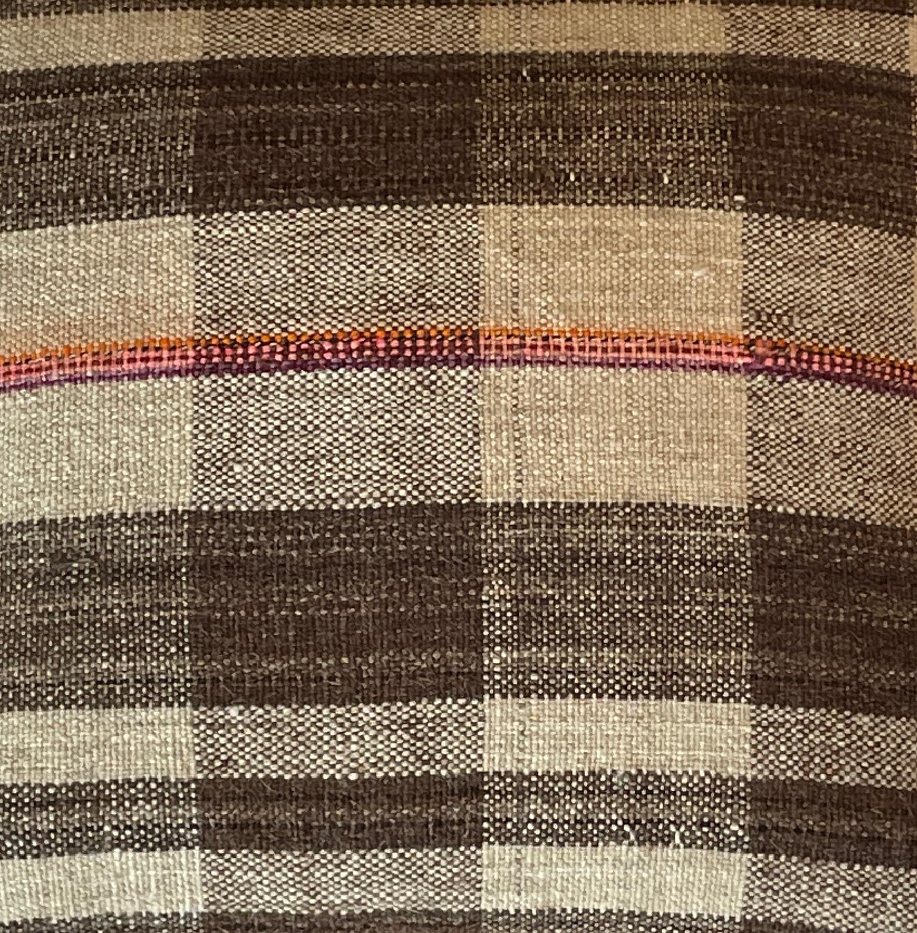 Midcentury Portuguese pillow made from handwoven fabric used originally as flour sacks.
New down and feather insert.
Wide brown and cream stripes with an orange, pink and purple band.