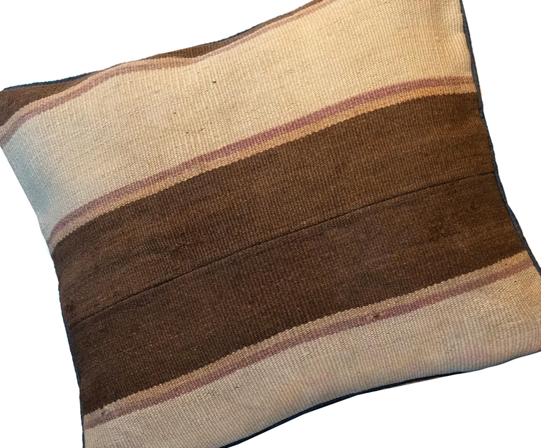 Hand-Crafted Brown Cream Striped Kilim Cushion Cover Handmade Wool Scatter Cushion
