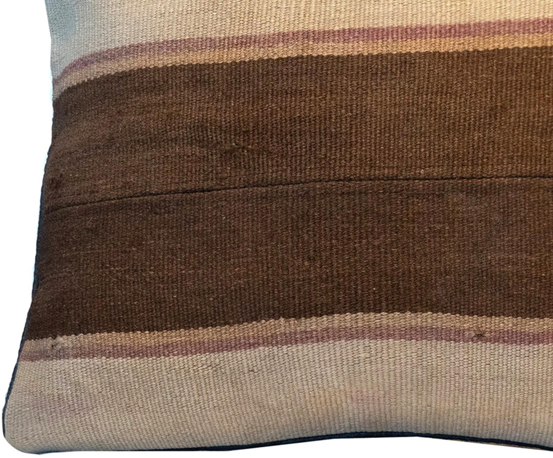 Brown Cream Striped Kilim Cushion Cover Handmade Wool Scatter Cushion In Excellent Condition In Hampshire, GB