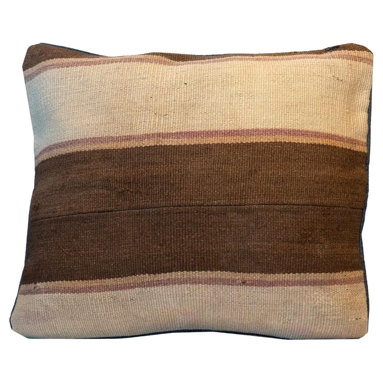 Brown Cream Striped Kilim Cushion Cover Handmade Wool Scatter Cushion