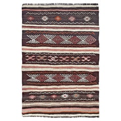 Brown & Cream Turkish Tribal Kilim • Embroidered Flatweave Rug (3′×4′) • 1960s